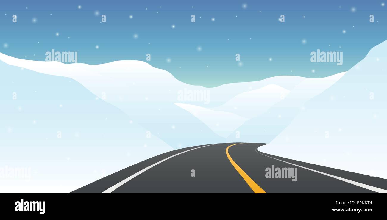 Autobahn zwischen den Snowy Mountains Winter reisen Landschaft Vektor-illustration EPS 10. Stock Vektor