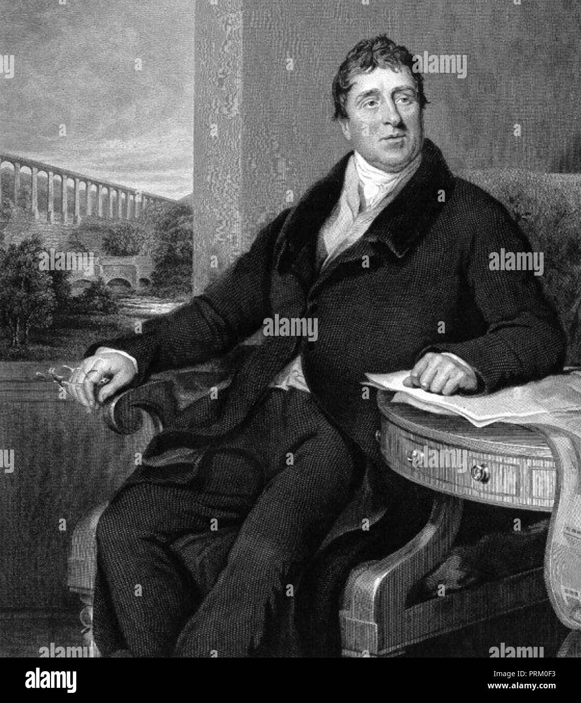 THOMAS TELFORD (1757-1834) Schottischer Bauingenieur, Architekt und Baumeister. Im Hintergrund ist seine Pontcysyllte Aquädukt auf dem Llangollen-kanal im Jahre 1805 abgeschlossen. Stockfoto