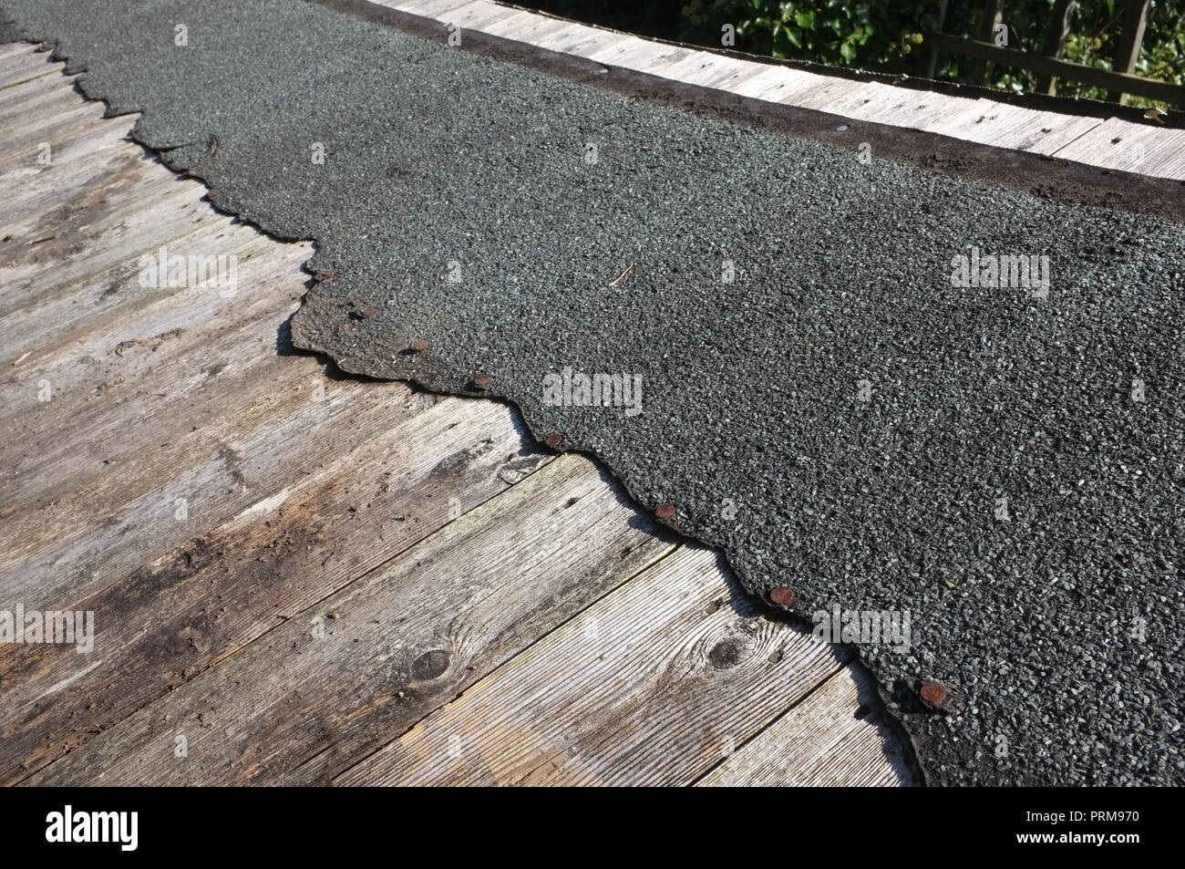 Eine abgenutzte, beschädigte Gartenhaus Dach reparaturbedürftig. Stockfoto