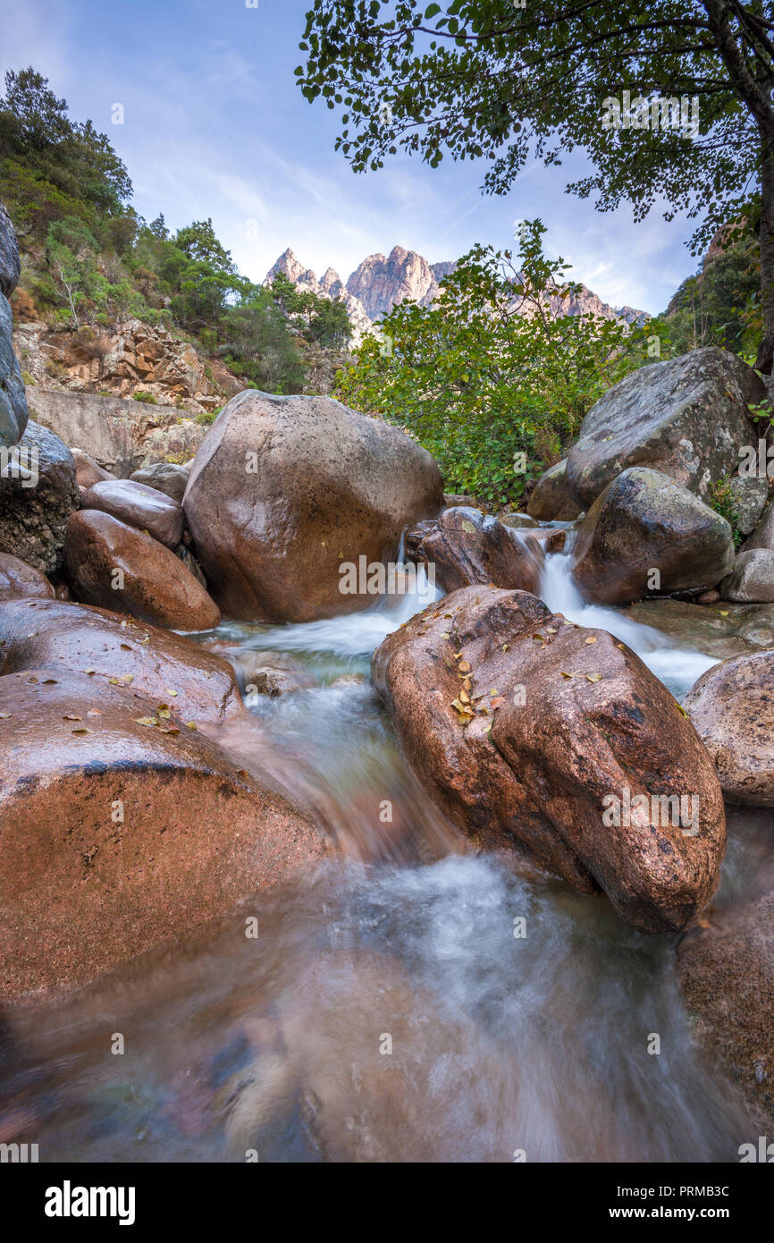 Schnell fließenden Bergbach mit riesigen Felsbrocken in Korsika Frankreich Stockfoto