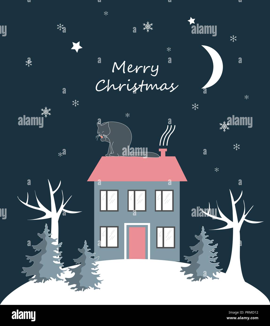 Katze ist auf dem Hausdach. Bäume und Haus auf dem Hügel in der Nacht. Winter Hintergrund Stock Vektor