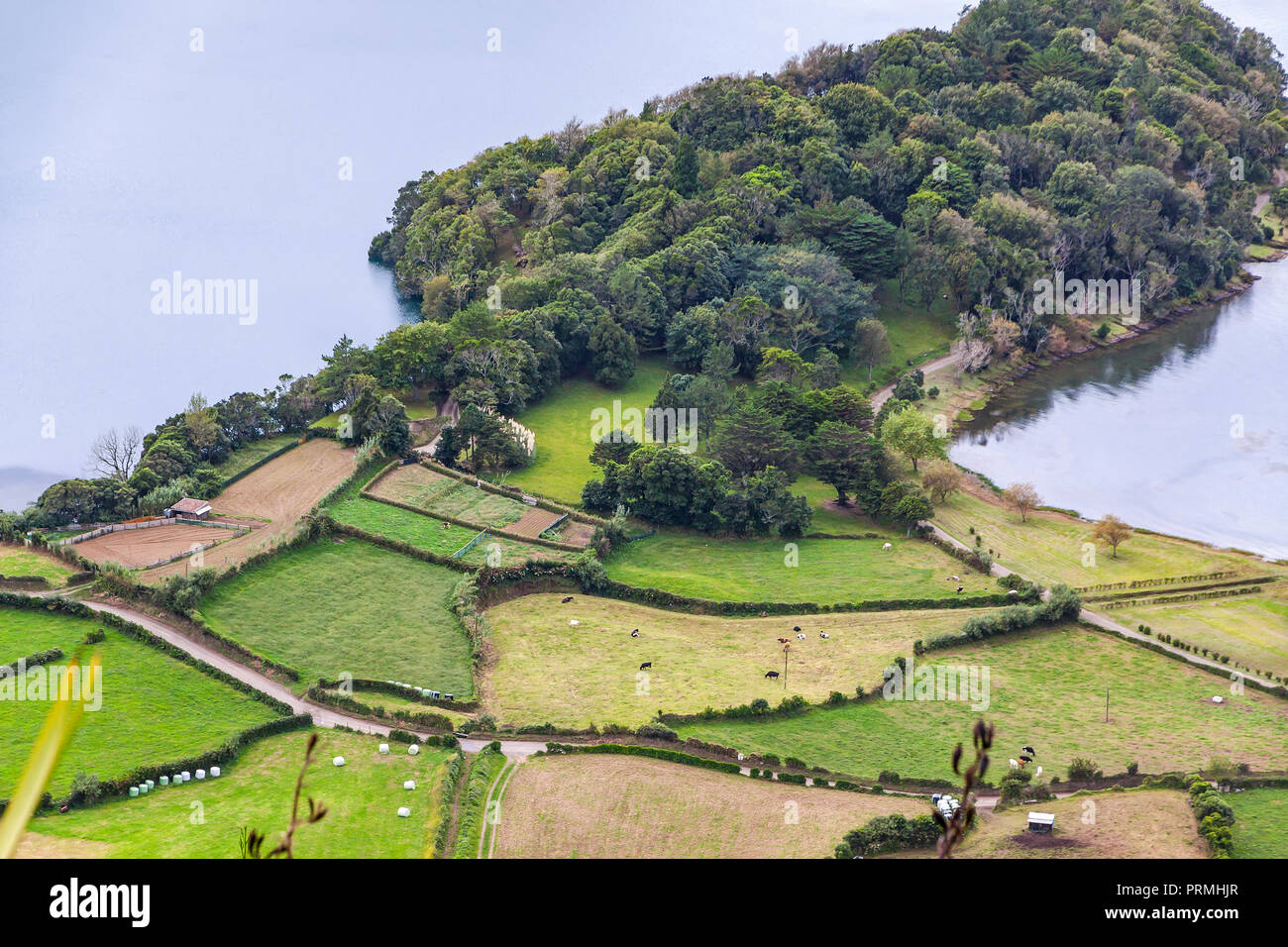 Typische hügelige Gelände in der Nähe des Sees von Sete Cidades auf der Azoren Insel Sao Miguel (Azoren), Portugal, voll von Grün und einige landwirtschaftliche abgedeckt Stockfoto