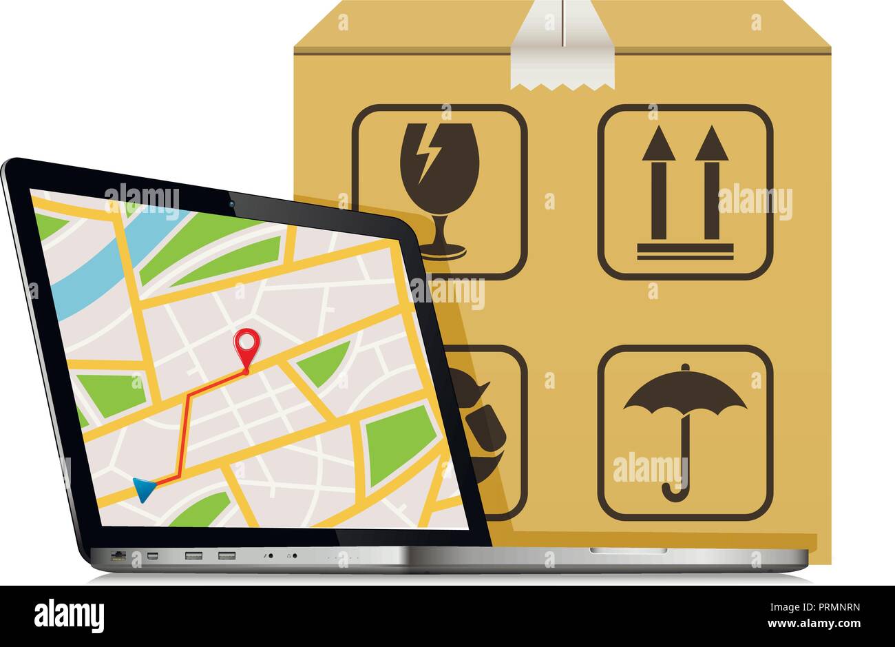 Liefer- Paket bestellen Design. Laptop mit GPS-Karte auf dem Bildschirm und Karton mit Verpackung Symbole. Stock Vektor