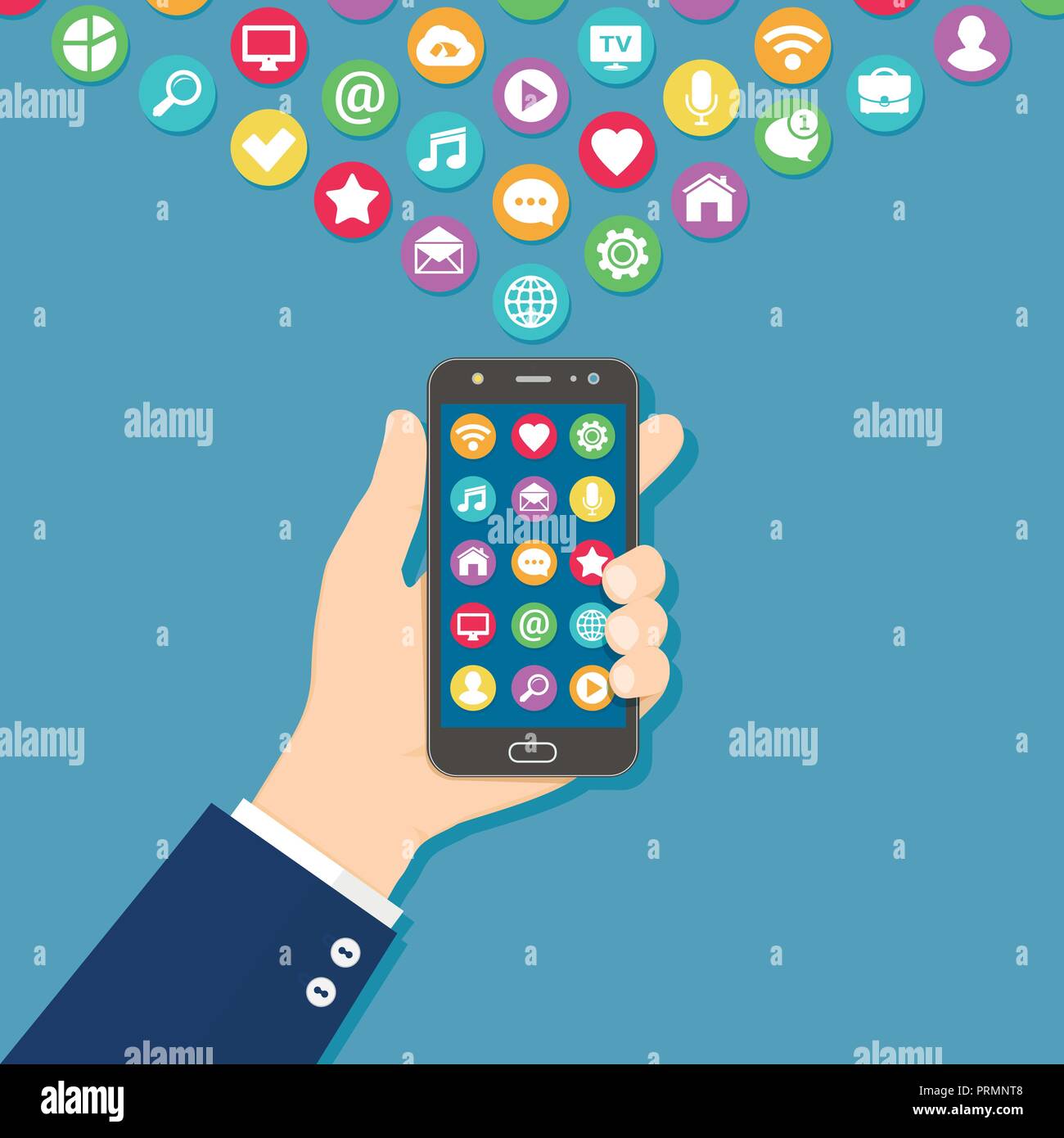 Hand, schwarz smart phone mit bunten Symbole auf dem Bildschirm. Mobile Konzept. Flache Vector Illustration. Stock Vektor
