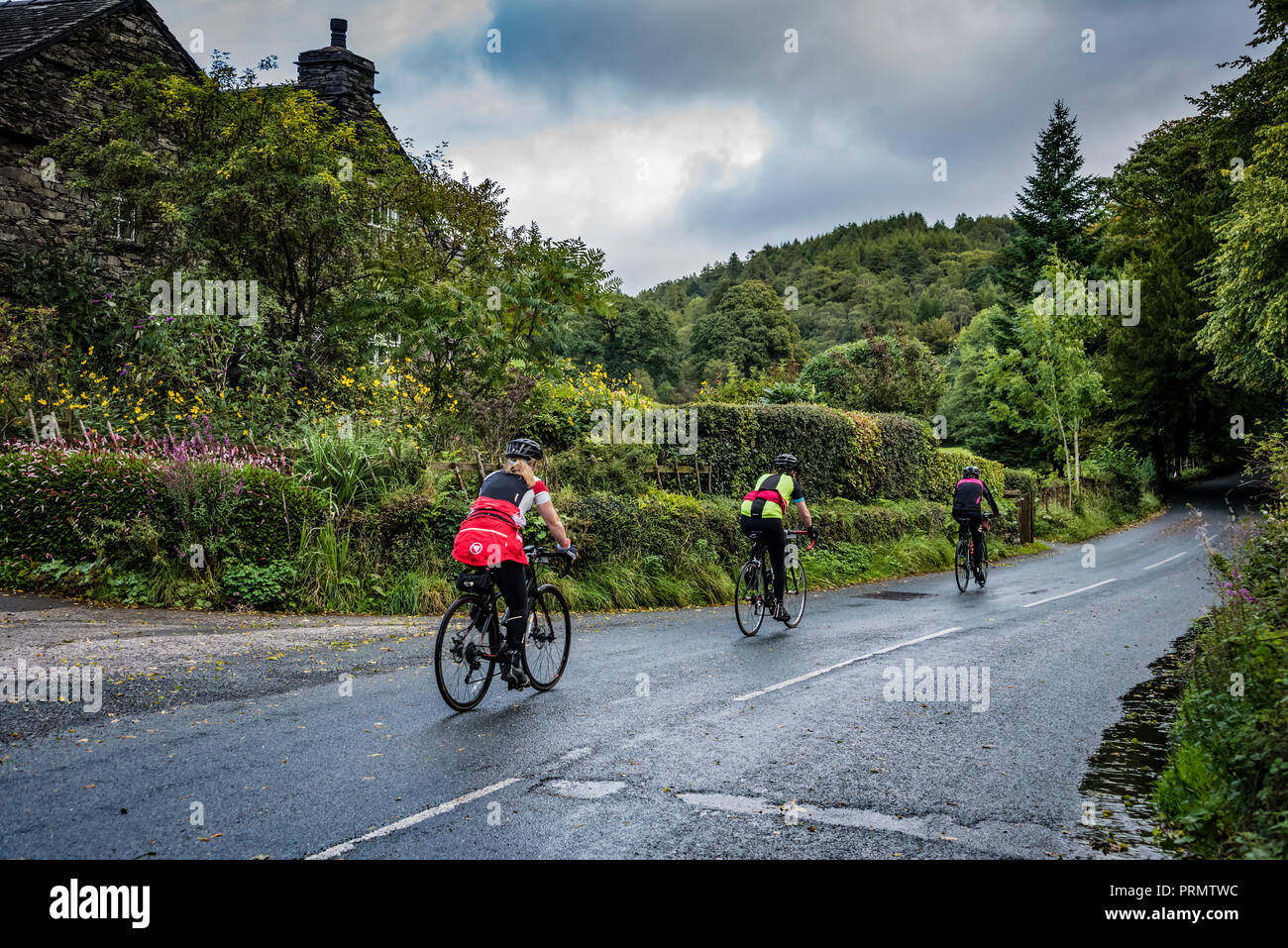 Frauen, die sich an die Damen der See Radfahren sportlich in Cumbria, Großbritannien. Stockfoto