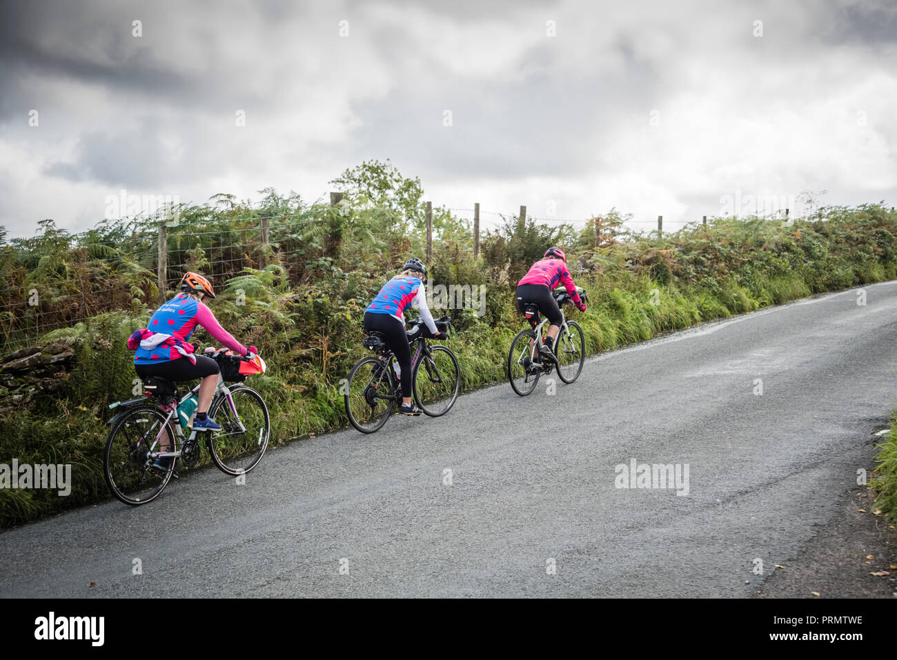 Frauen, die sich an die Damen der See Radfahren sportlich in Cumbria, Großbritannien. Stockfoto
