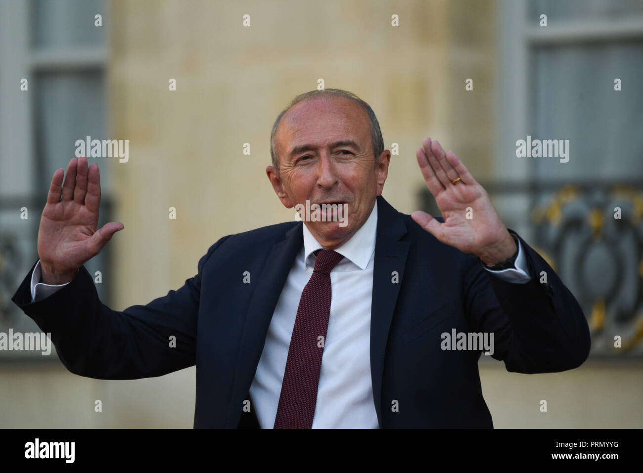 Juli 16, 2018 - Paris Frankreich: der französische Innenminister Gerard Collomb verlässt das Elysee Palace nach dem Empfang der französischen Mannschaft Fußball ist, daß die Weltmeisterschaft gewonnen. *** Frankreich/KEINE VERKÄUFE IN DEN FRANZÖSISCHEN MEDIEN *** Stockfoto
