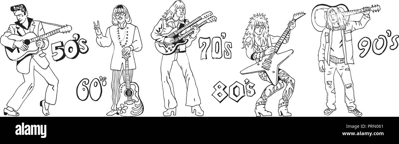 Typische 20. Jahrhundert Gitarristen. Musikrichtungen: 50s Rock'n'Roll, 60er Hippie, 70s Progressive Rock, 80s Glam Metal, 90s Grunge. Hand gezeichnet sketc Stock Vektor