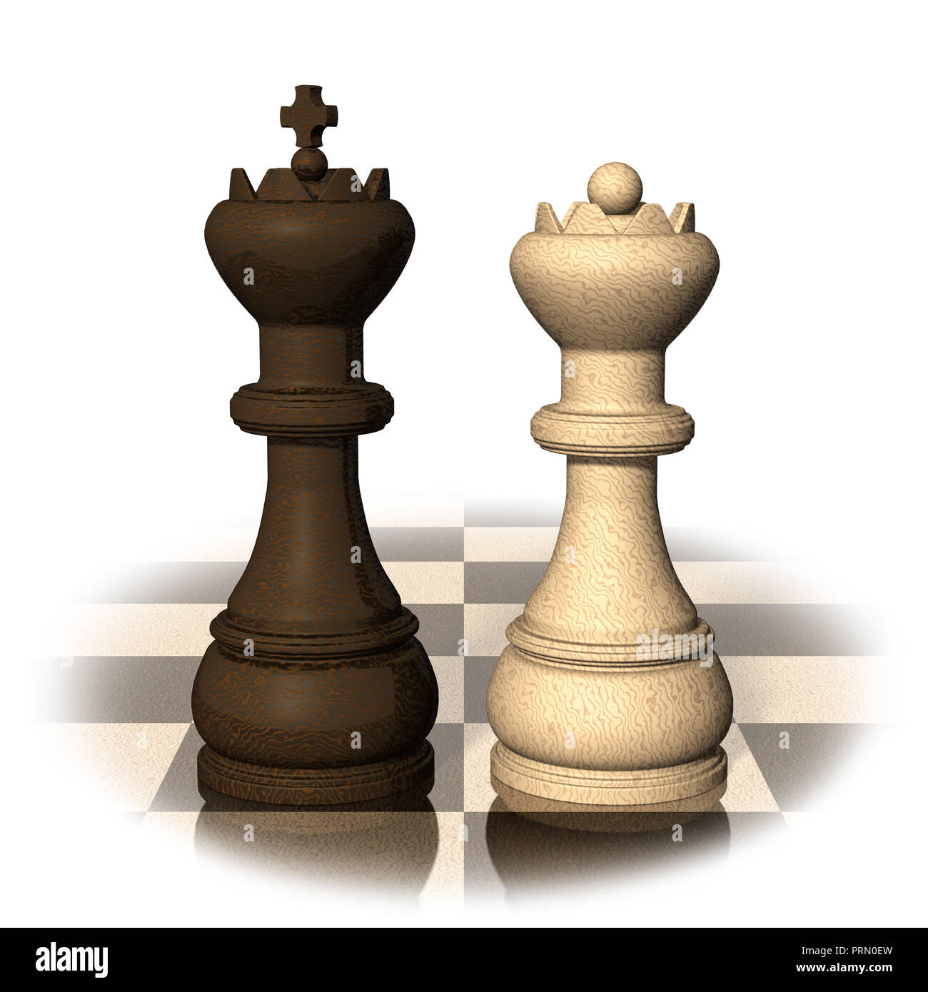 3D-Darstellung. Schach dem König und der Königin, Weiß und Schwarz. Stockfoto