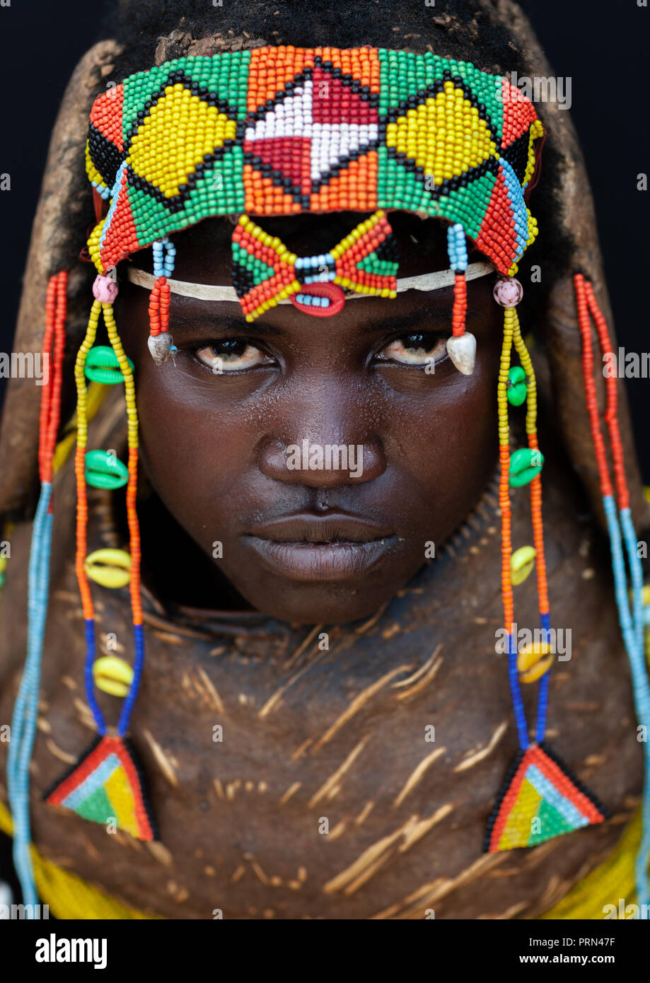 Porträt einer Mumuhuila Stamm Frau, Huila Provinz, Chibia, Angola Stockfoto