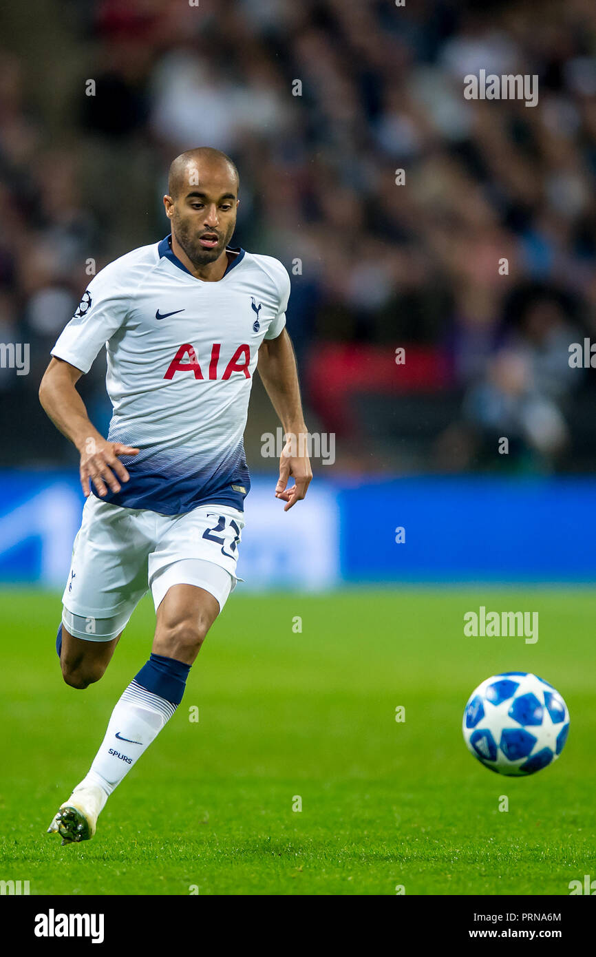 Wembley Stadion, London, UK. 3. Okt 2018. Lucas von Tottenham Hotspur während der UEFA Champions League Match zwischen den Tottenham Hotspur und Barcelona im Wembley Stadion, London, England am 3. Oktober 2018. Nur die redaktionelle Nutzung, eine Lizenz für die gewerbliche Nutzung erforderlich. Keine Verwendung in Wetten, Spiele oder einer einzelnen Verein/Liga/player Publikationen. Credit: UK Sport Pics Ltd/Alamy leben Nachrichten Stockfoto