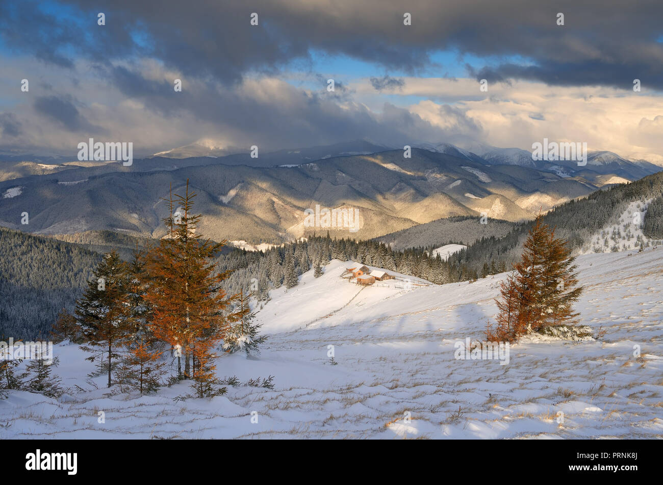 Winterlandschaft mit Bergdörfern. Holzhäuser auf einem verschneiten Wiese Stockfoto
