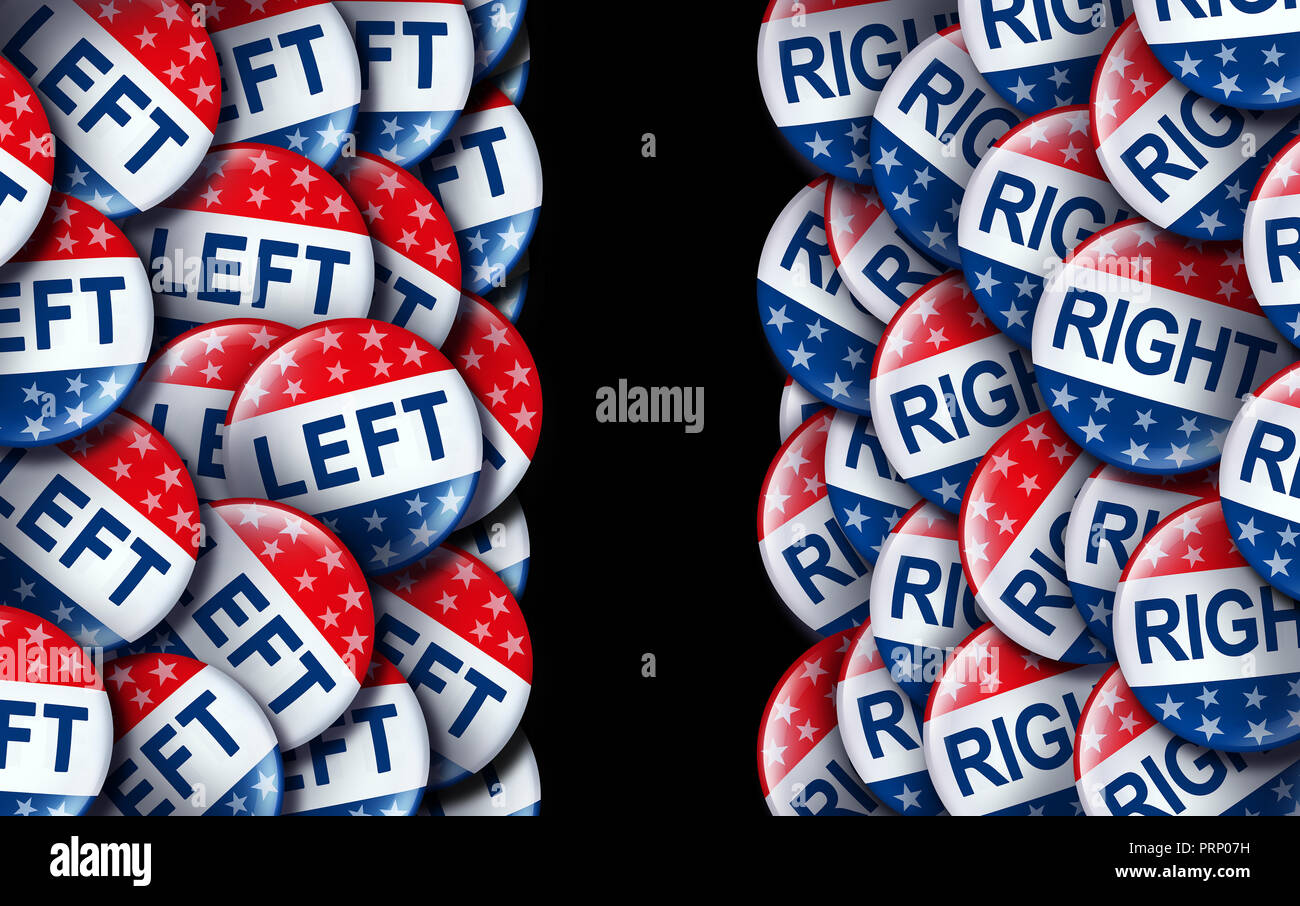 Linken und die rechten stimmen Abzeichen als United States Wahl oder American voting Konzept als Symbol mit konservativen und liberalen politischen. Stockfoto