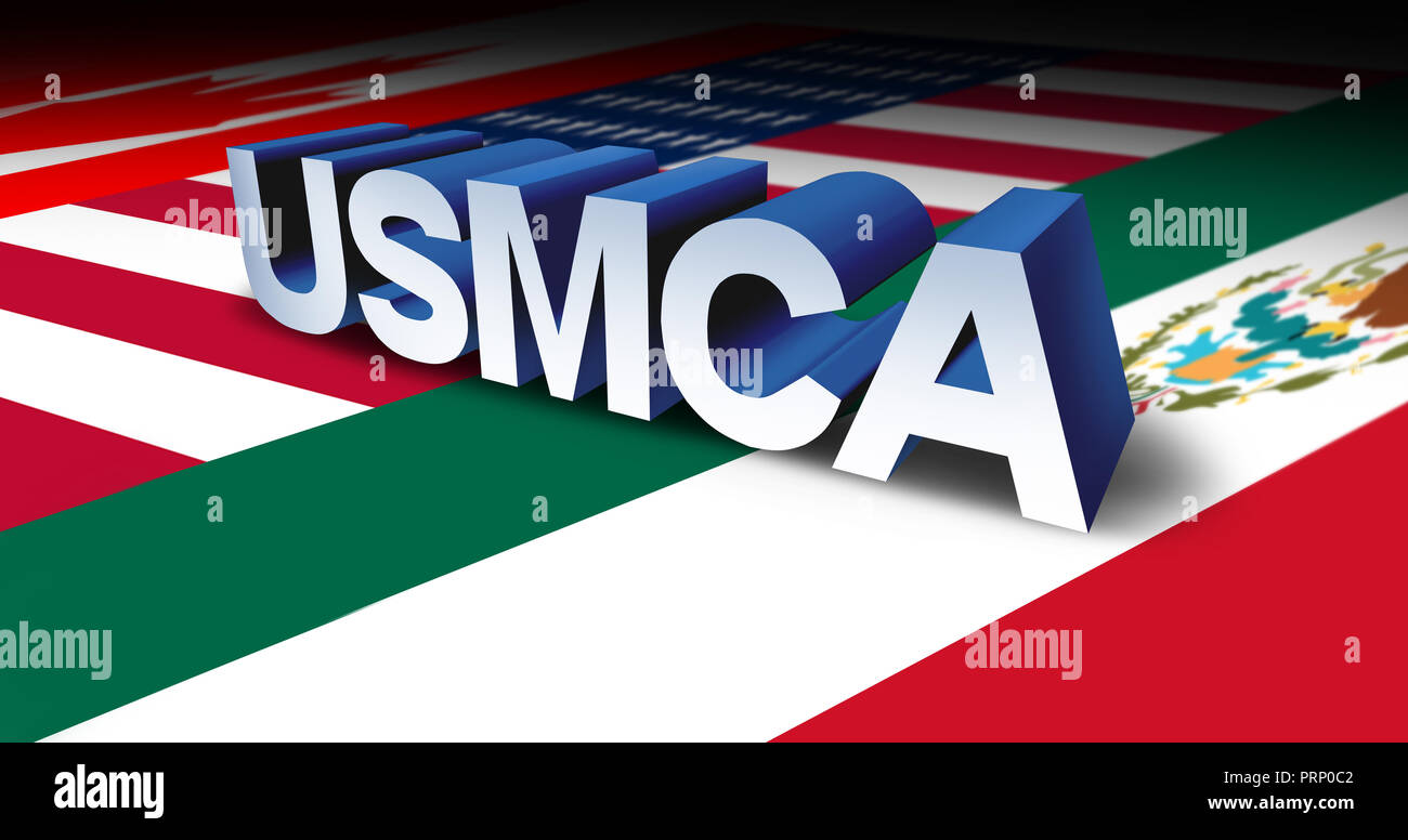 USMCA oder die neue NAFTA USA Mexiko Kanada abkommen Symbol mit Nordamerika Flaggen als Handelsabkommen Verhandlungen und wirtschaftlichen Abkommen. Stockfoto