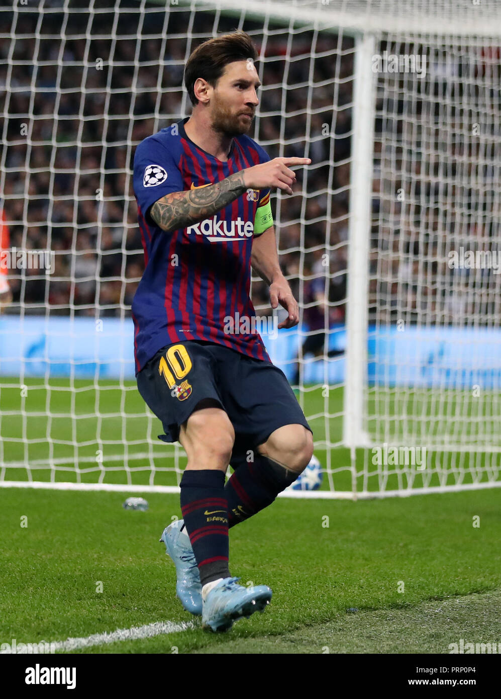 Lionel Messi aus Barcelona feiert sein drittes Tor während des UEFA Champions League-Spiels der Gruppe B im Wembley Stadium, London. DRÜCKEN SIE VERBANDSFOTO. Bilddatum: Mittwoch, 3. Oktober 2018. Siehe PA Geschichte FUSSBALL Tottenham. Das Foto sollte lauten: Nick Potts/PA Wire. Stockfoto