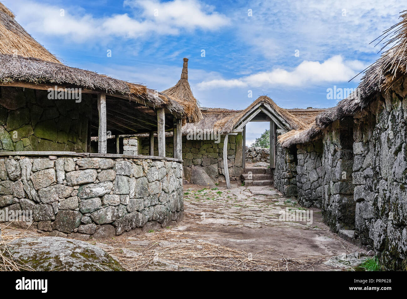 Citania de Sanfins, Portugal. Rekonstruierte Familie Gebäude, einem keltischen Iberischen vorgeschichtliche befestigte Siedlung Castro hillfort Stockfoto