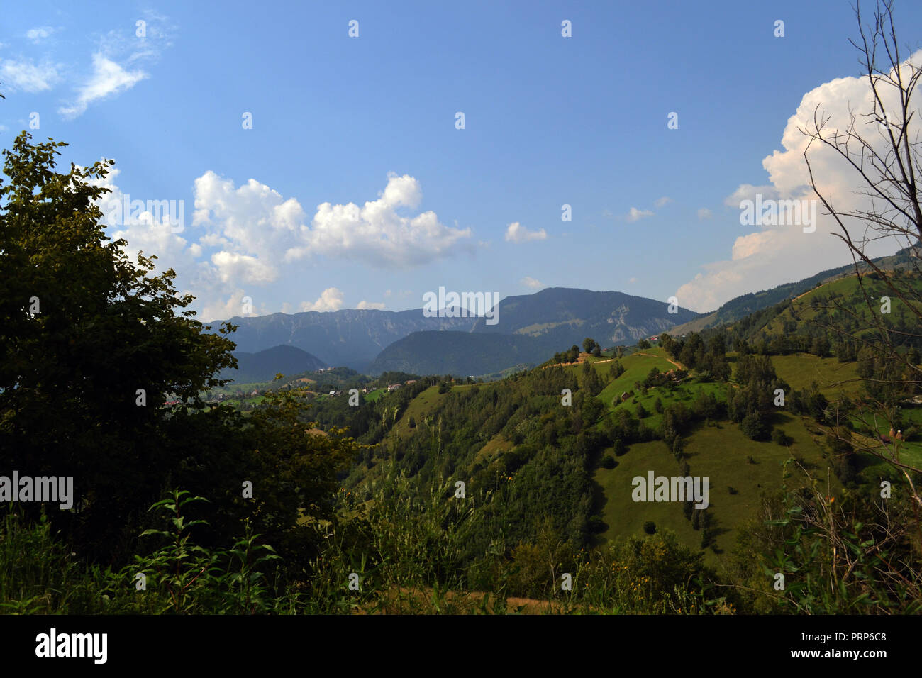 Bran-Rucar Korridor und der Piatra Craiului Berge am Horizont 2. Stockfoto