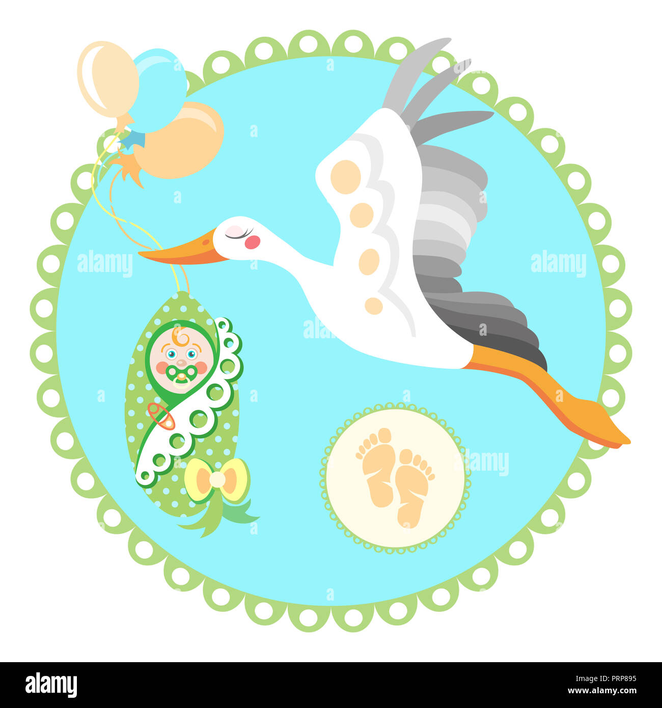 Fliegender Storch mit Baby. Flache Darstellung der fliegenden Storch mit einem Bündel Symbol für Web auf Baby blauer Hintergrund Stockfoto