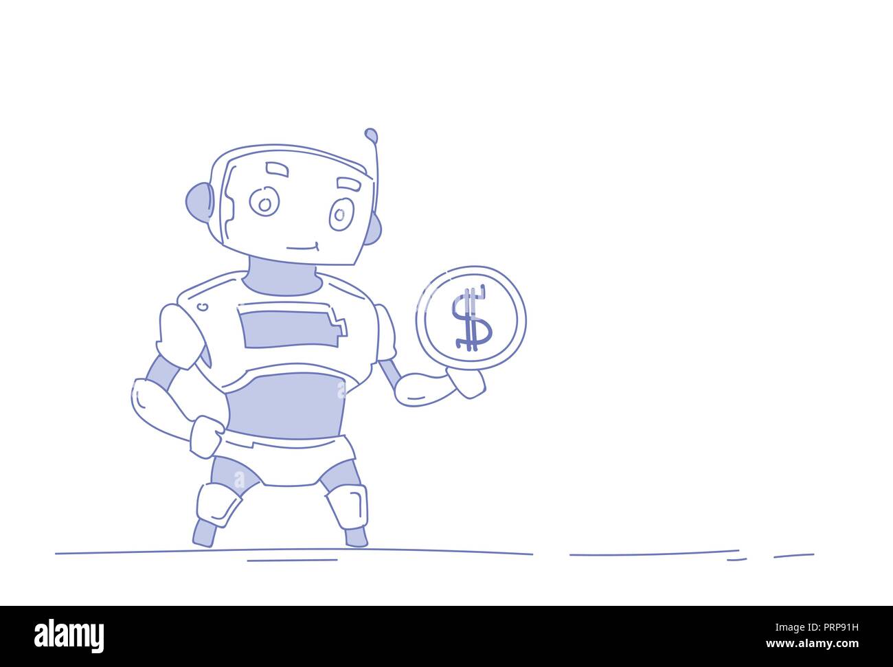 Moderne Roboter Holding dollar Münze Geld Reichtum Wachstum künstliche Intelligenz Konzept isoliert weißer Hintergrund horizontal Skizze doodle Stock Vektor
