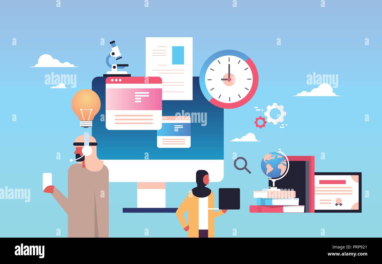 Arabisch Mann Frau Kopfhörer online Ausbildung Konzept erfolgreich e-learning Studieren Prozess waagrechten Portrait Stock Vektor