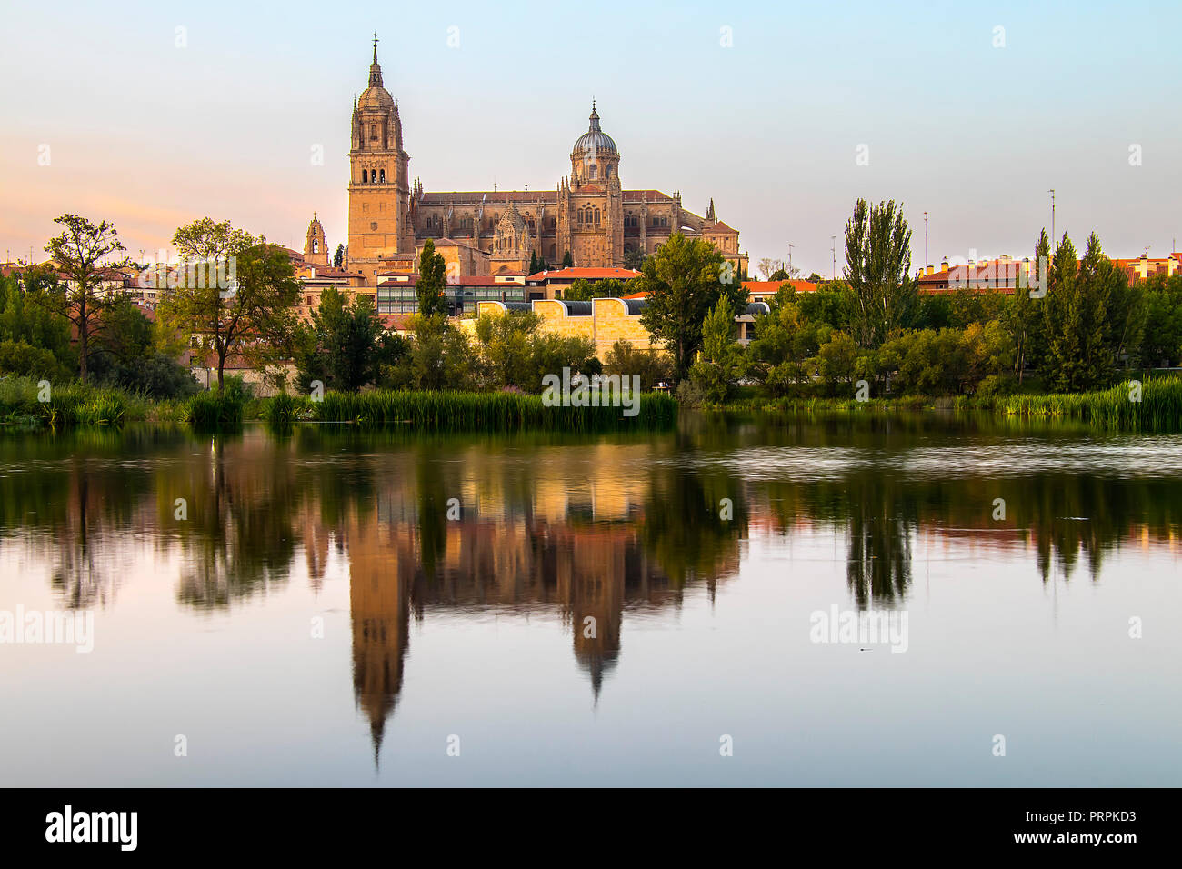 Salamanca Alte und Neue cathedrales spiegelt sich auf Fluss Tormes bei Sonnenuntergang, Spanien Stockfoto