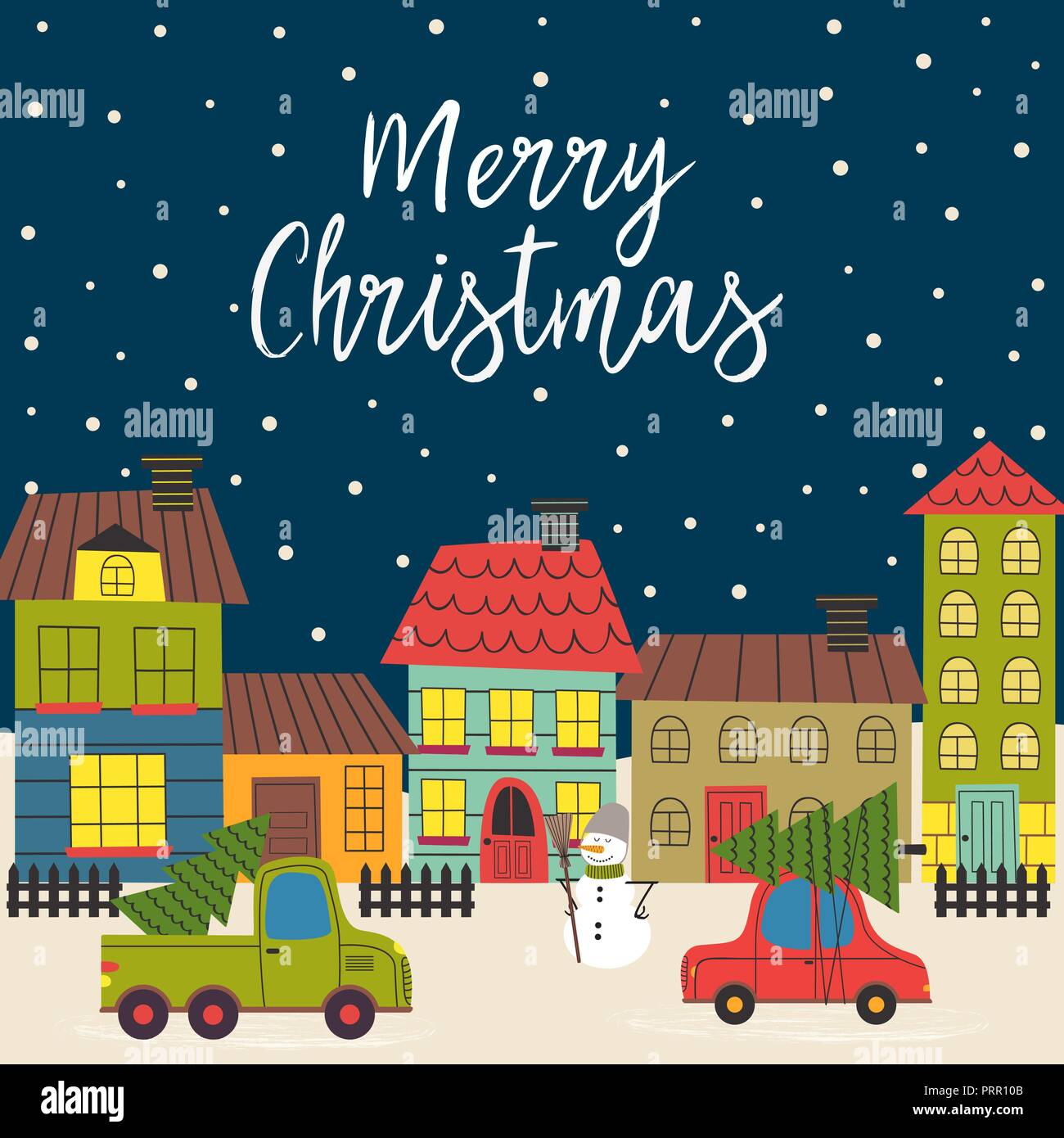 Weihnachtskarte mit Stadt im Winter zeit-Vector Illustration, eps Stock Vektor