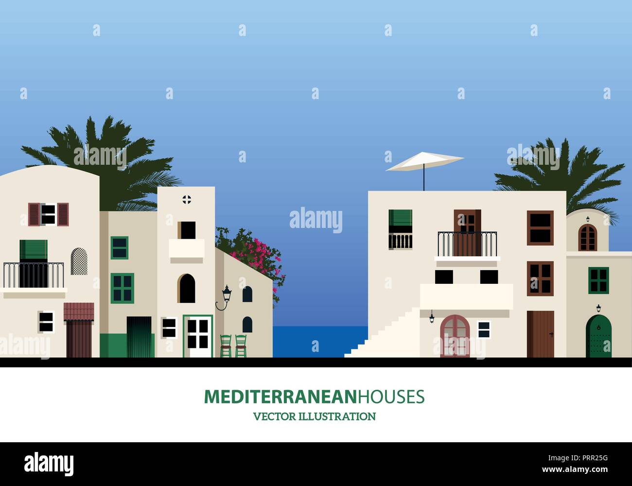 Mediterrane Häuser, Palmen und blauem Himmel bakground. Vector Illustration Stock Vektor