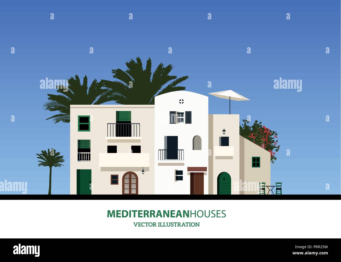 Mediterrane Häuser, Palmen und blauem Himmel bakground. Vector Illustration Stock Vektor