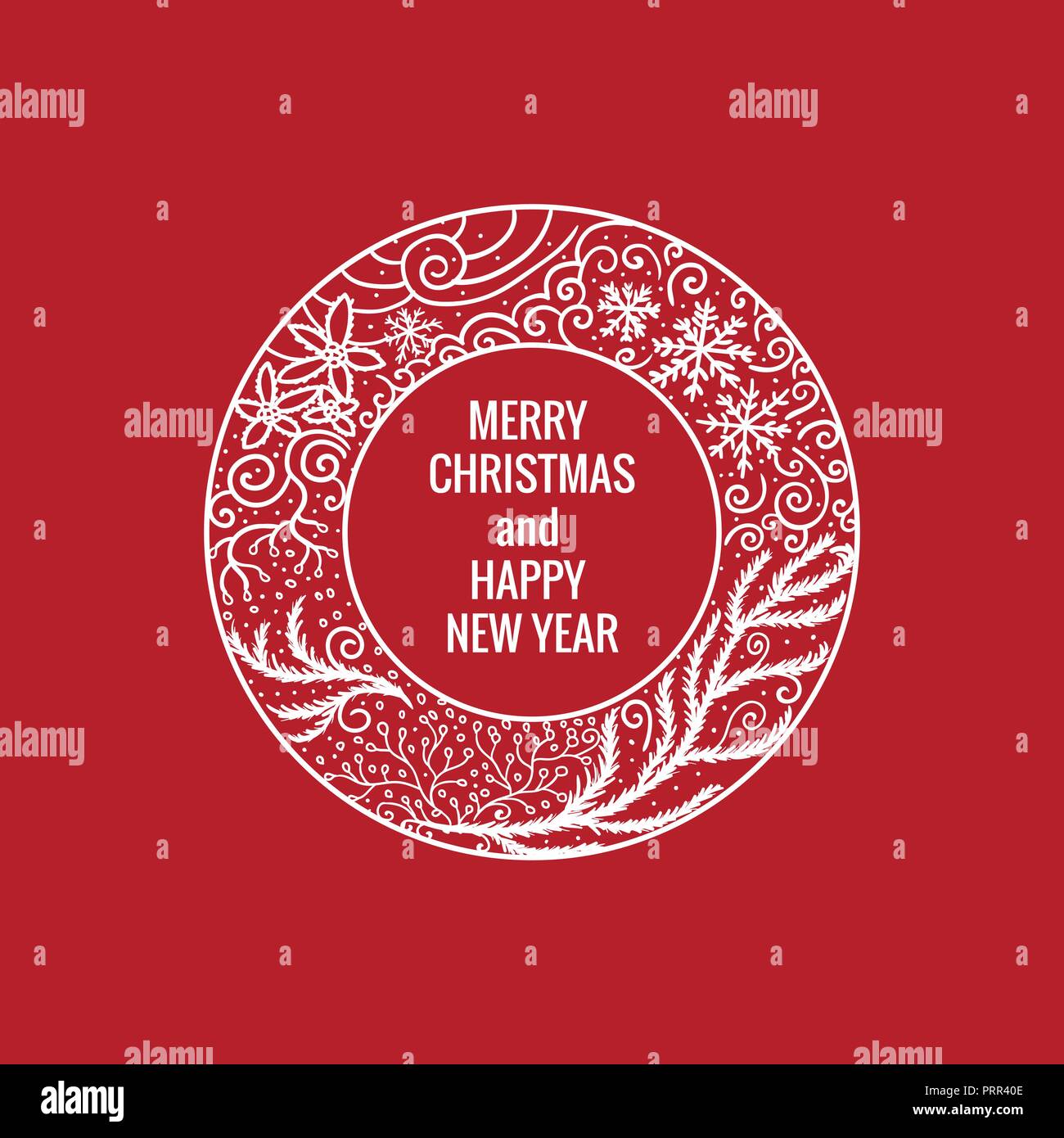 Karte Frohe Weihnachten und guten Rutsch ins neue Jahr. Runden rahmen Hand gezeichnet weiße Farbe Verzierungen. Vector Illustration auf roten Hintergrund isoliert. Stock Vektor