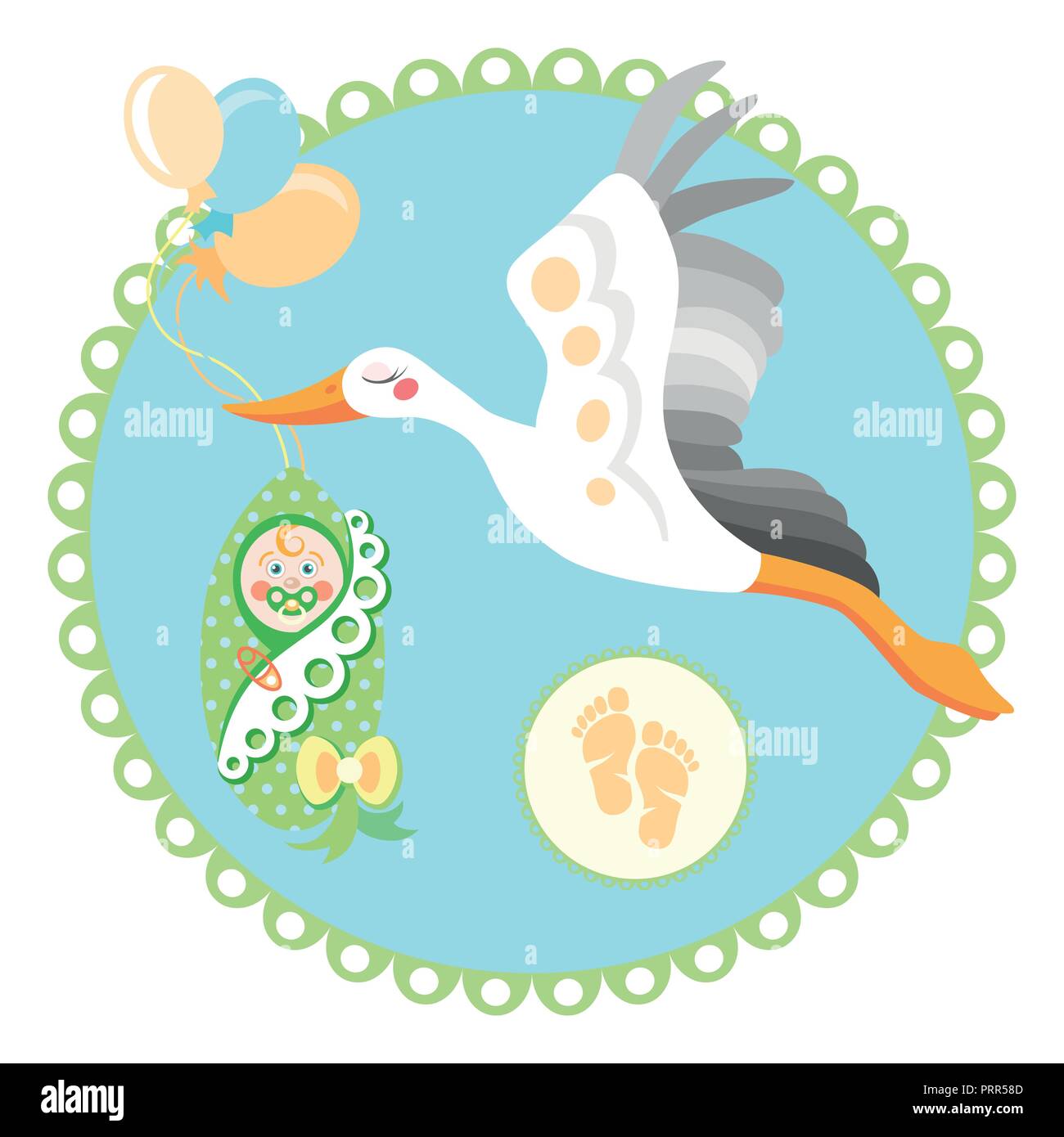 Fliegender Storch mit Baby. Flache Darstellung der fliegenden Storch mit einem Bündel vektor Symbol für Web auf Baby blauer Hintergrund Stock Vektor