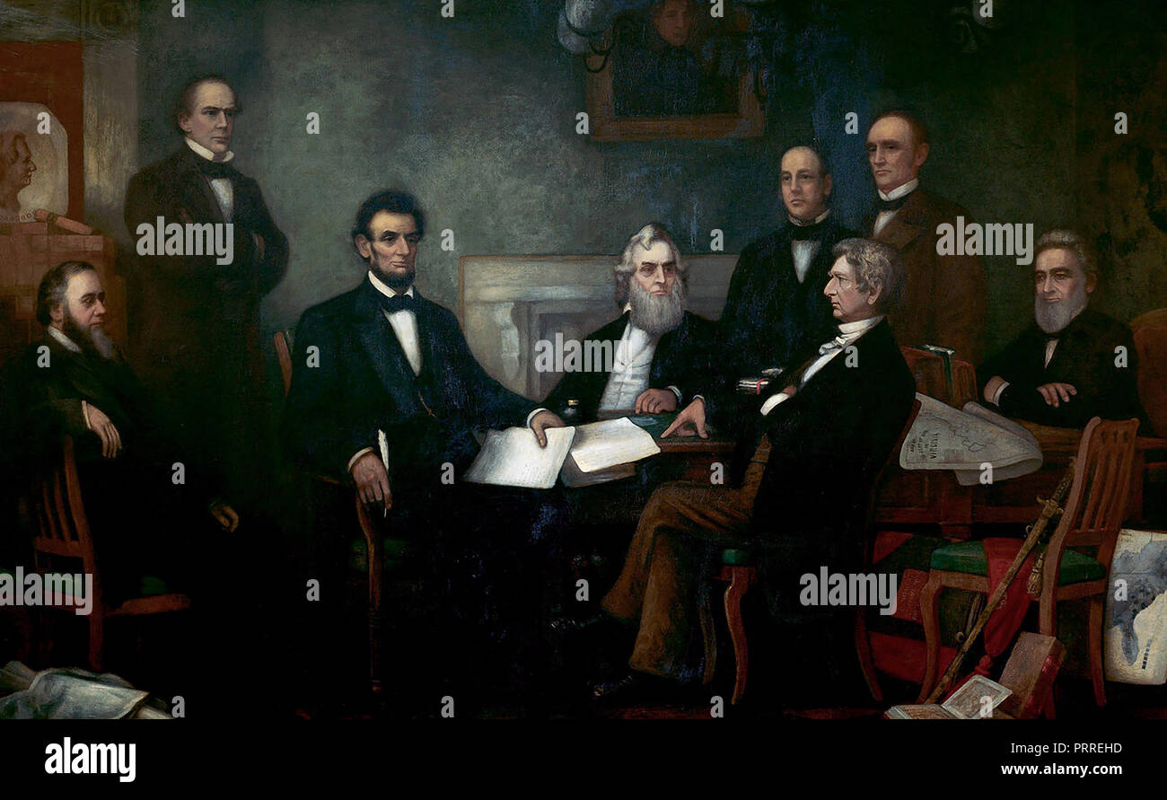 Erste Lesung des Emanzipations-proklamation von Präsident Lincoln von Francis Bicknell (Carpenter, 1864). Von links nach rechts dargestellt sind: Edwin M. Stanton, Sekretär des Krieges (sitzend); Lachs S. Chase, Sekretär des Schatzamtes (stehend); Abraham Lincoln; Gideon Welles, Sekretär der Marine (sitzend); Kaleb Blut Smith, Staatssekretär des Innern (stehend); William H. Seward, Staatssekretär (sitzend); Montgomery Blair, Postmaster General (stehend); Edward Bates, Attorney General (sitzend). Stockfoto