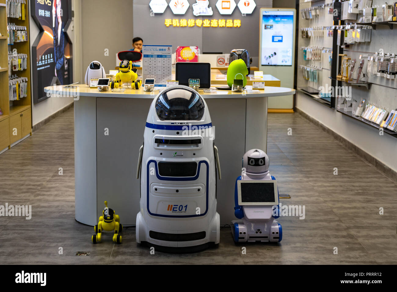 Hund Roboter und humanoide Roboter für Verkauf an Tech store in China Stockfoto