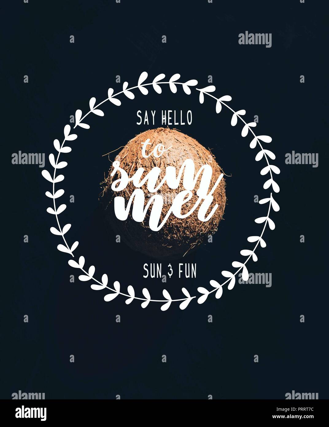 Nahaufnahme eines einzigen Ganzen reife Kokosnuss isoliert auf Schwarz mit ay Hallo Sommer' Schriftzug Stockfoto