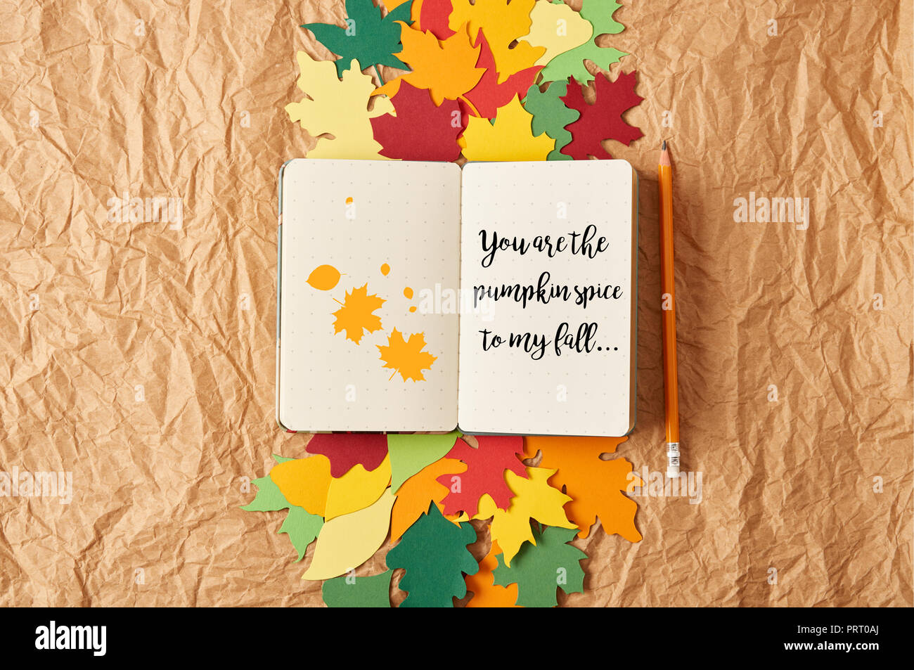 Blick von oben auf die Notebook mit "Die pumpkin Spice zu meinem fall'-Schriftzug, Bleistift und farbenfrohe handgefertigte Papier lässt auf zerknittertes Papier Hintergrund Stockfoto