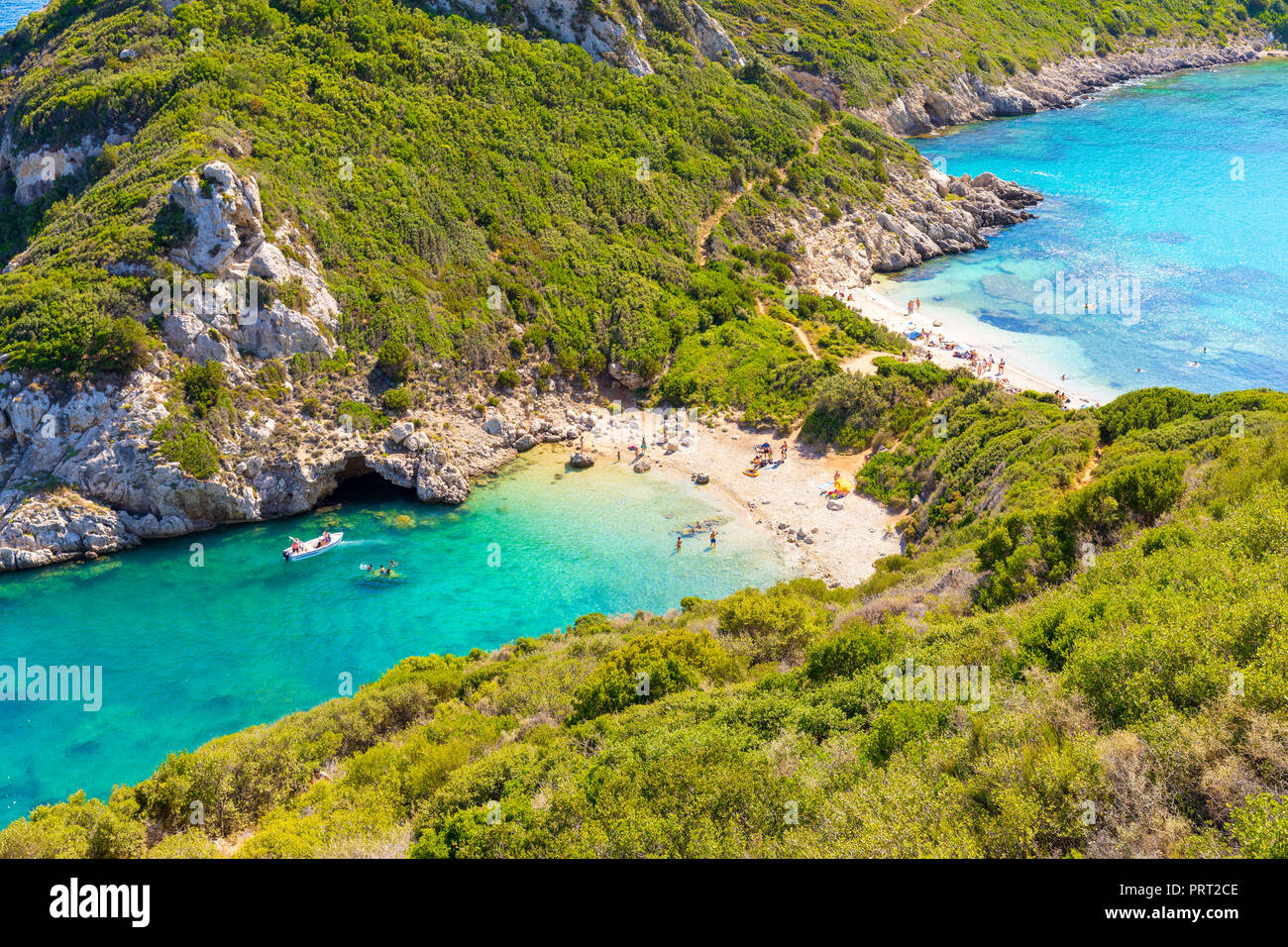 Porto Timoni ist ein erstaunlich schönes Double Beach auf der Insel Korfu, Griechenland Stockfoto