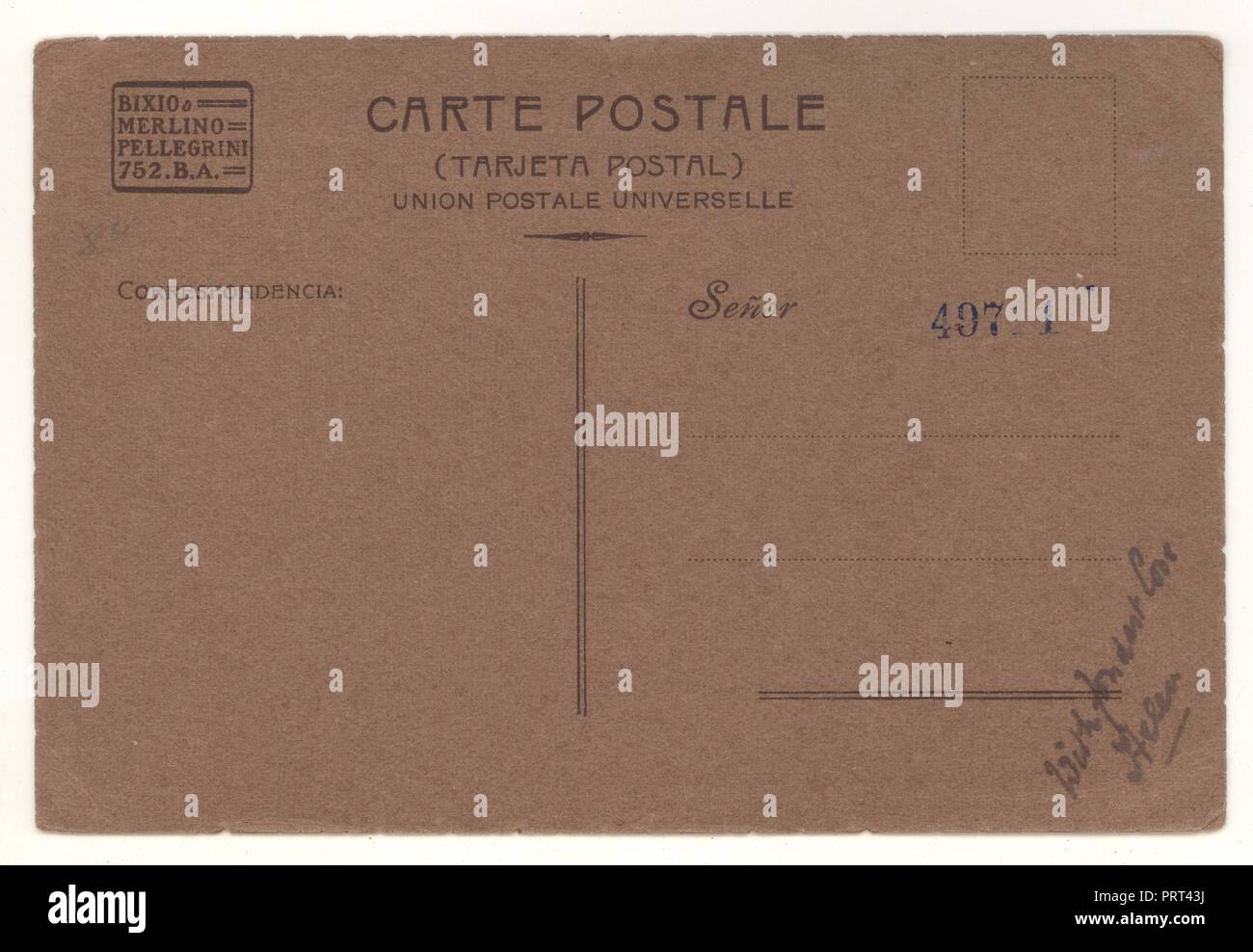 Rückseite der argentinischen Postkarte aus dem frühen 20. Jahrhundert, Buenos Aires, Argentinien, nicht postal verwendet um 1920 Stockfoto