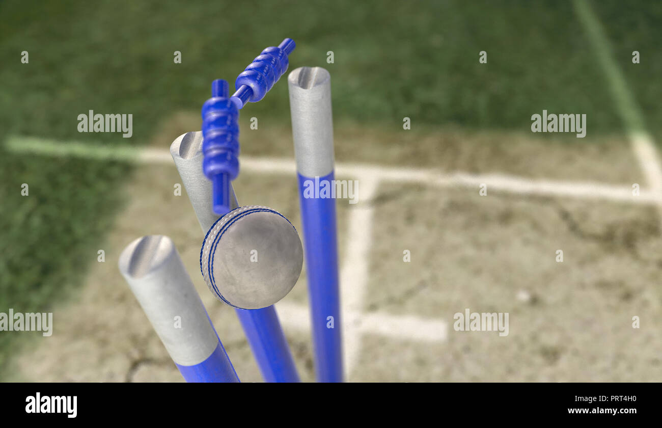 Ein weißes Leder Cricket ball Blau cricket Wickets, die auf eine gerissene Rasenplatz Hintergrund - 3D-Rendering Stockfoto