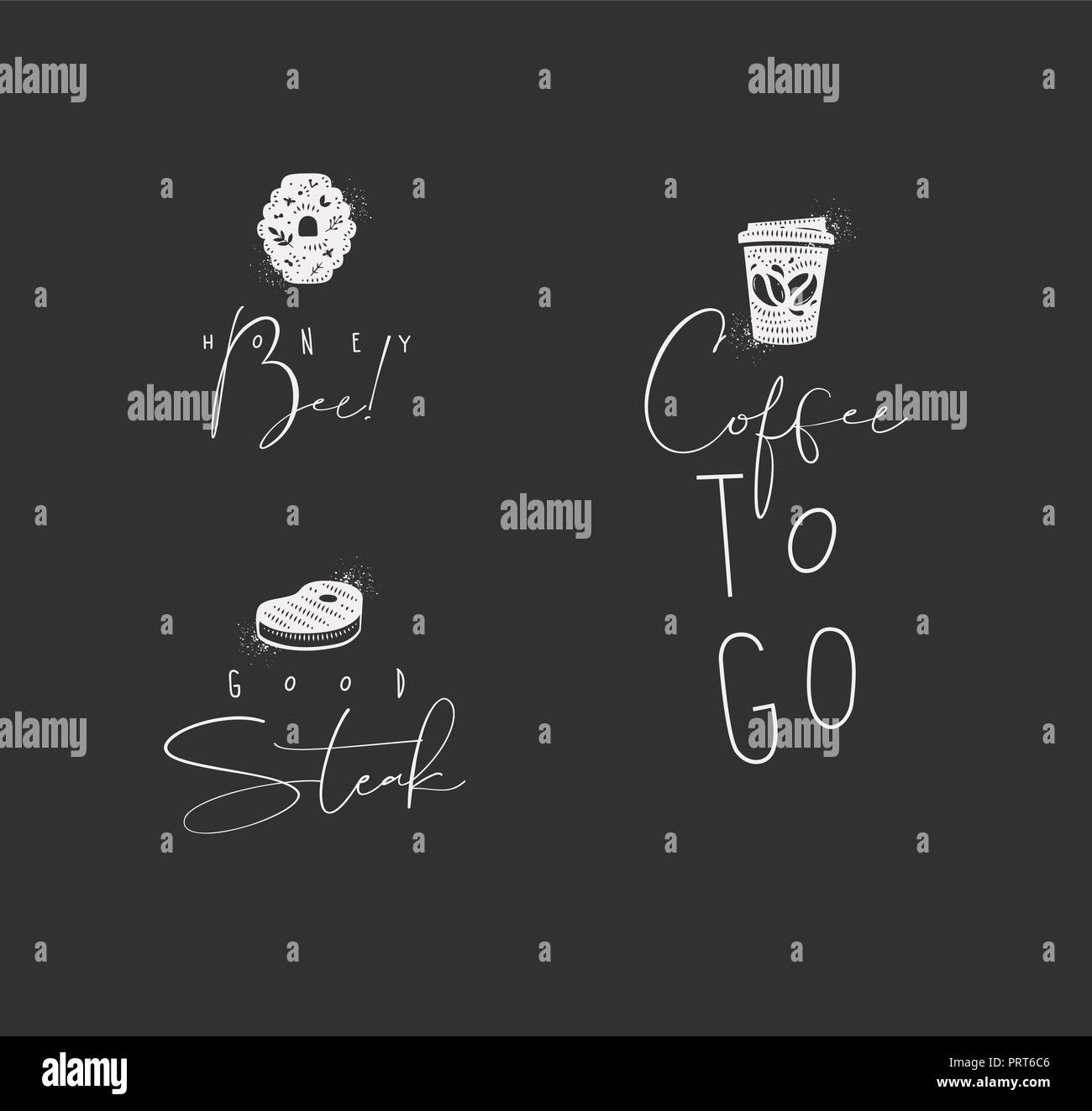 Essen zeichen Schriftzüge honey bee, Steak, Kaffee Zeichnung in minimalistischem Stil auf dunklem Hintergrund Stock Vektor