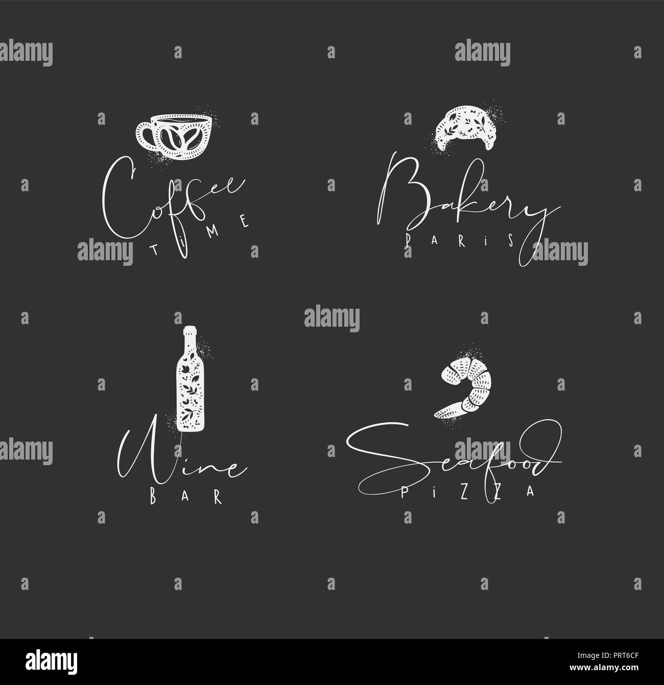 Essen zeichen Schriftzüge Kaffee Zeit, Bäckerei paris, Weinstube, Pizza mit Meeresfrüchten Zeichnung in minimalistischem Stil auf dunklem Hintergrund Stock Vektor