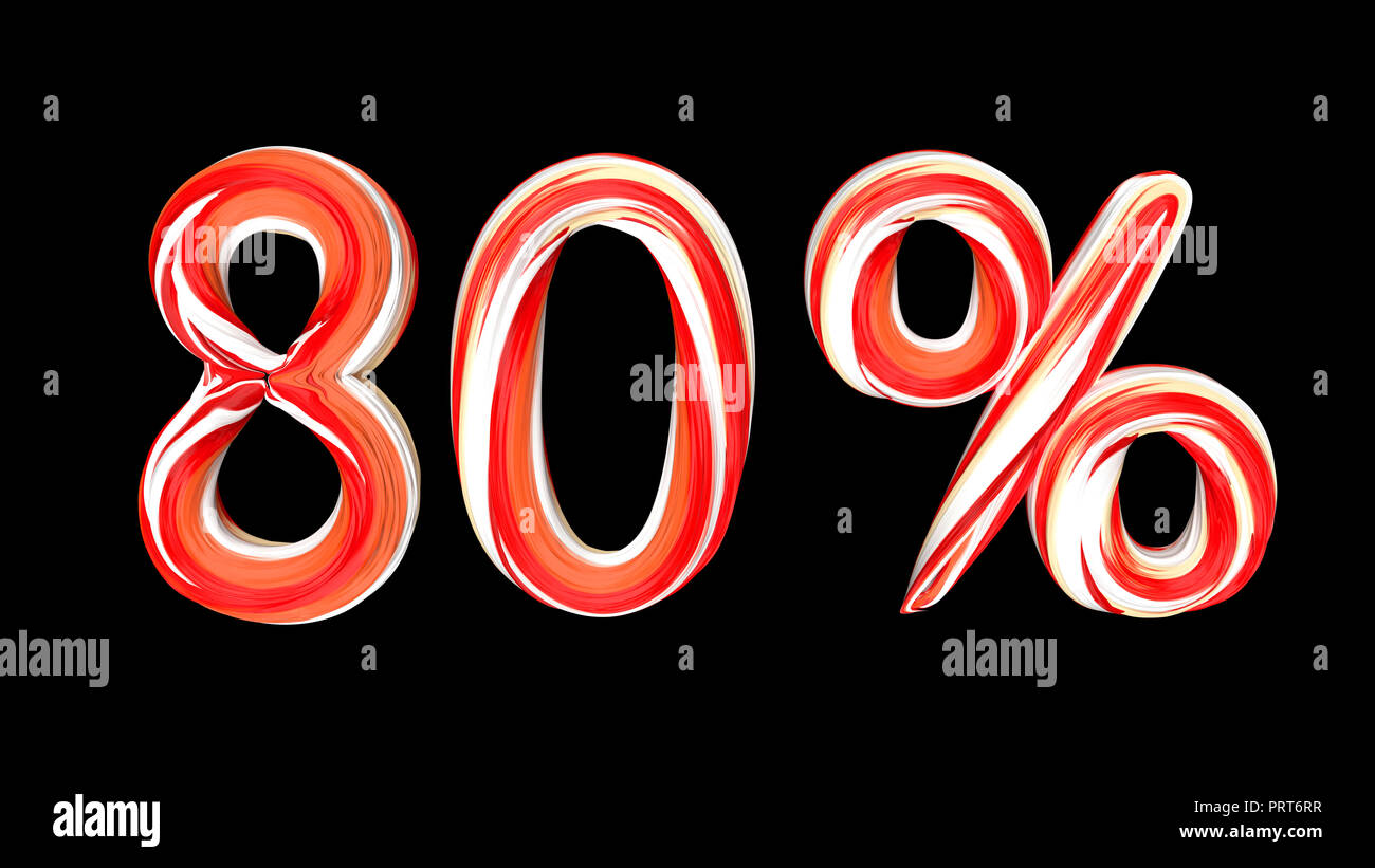Candy Text 80% auf schwarzem Hintergrund. Pinselstrich rot-weißer Text von 80 Prozent. 3D-Render Abbildung Stockfoto