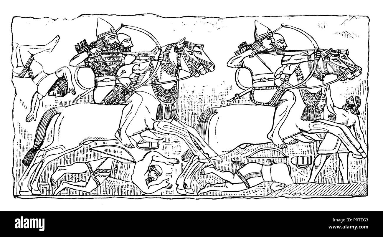 Assyrische Krieger zu Pferd, Stockfoto