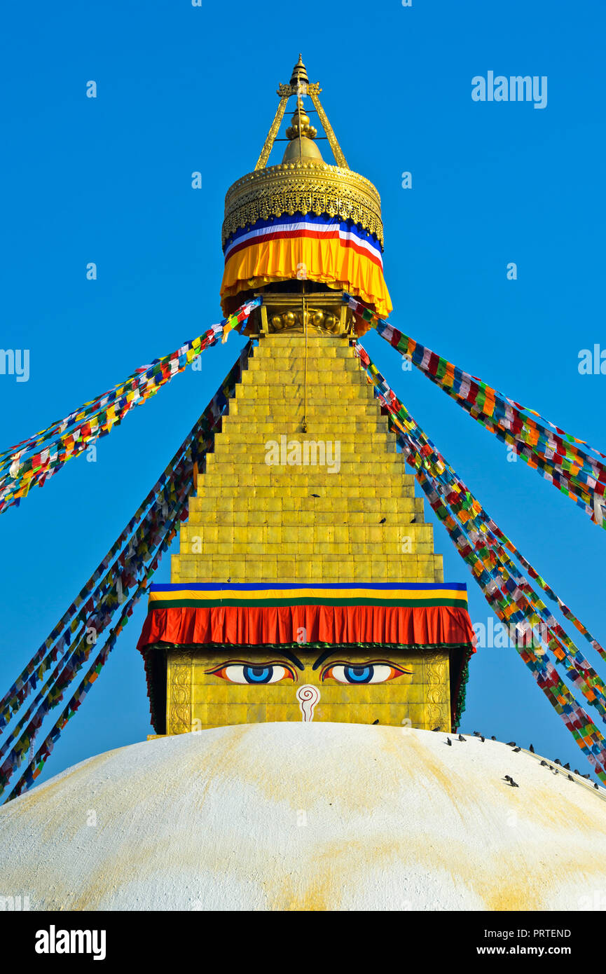 Buddha Augen an der Boudhanath Stupa, Kathmandu, Nepal Stockfoto