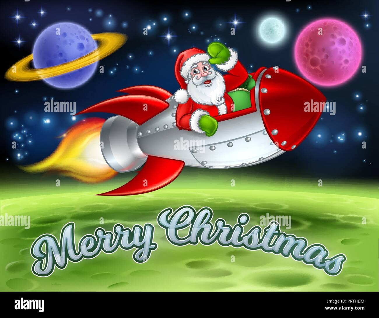 Santa im Raum Rocket Frohe Weihnachten Cartoon Stock Vektor