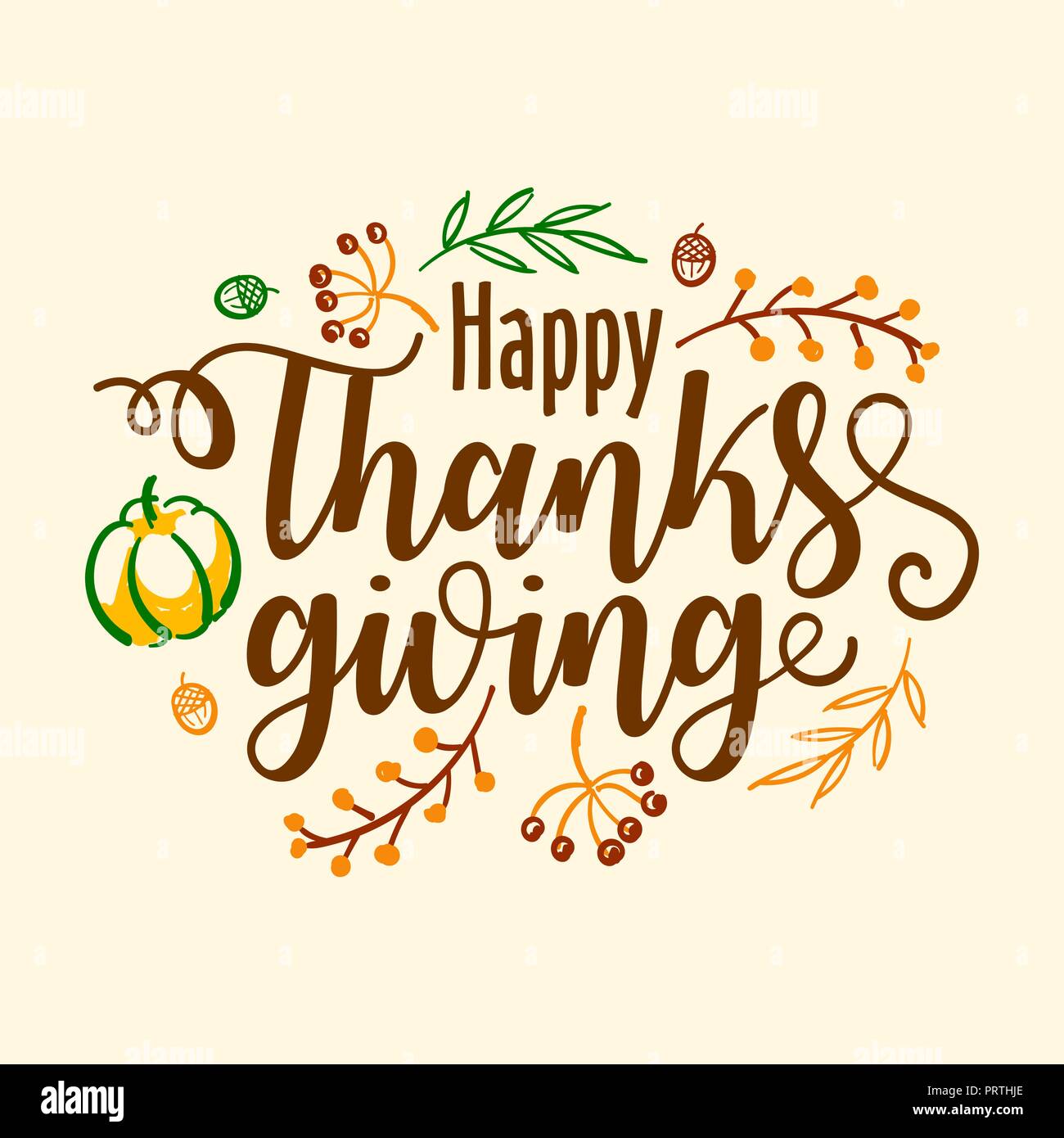Hand Happy Thanksgiving Typografie Banner erstellt. Feier Text mit Beeren und Blätter für Postkarte, Symbol oder Abzeichen. Vektor Kalligraphie Schrift urlaub Angebot Stock Vektor