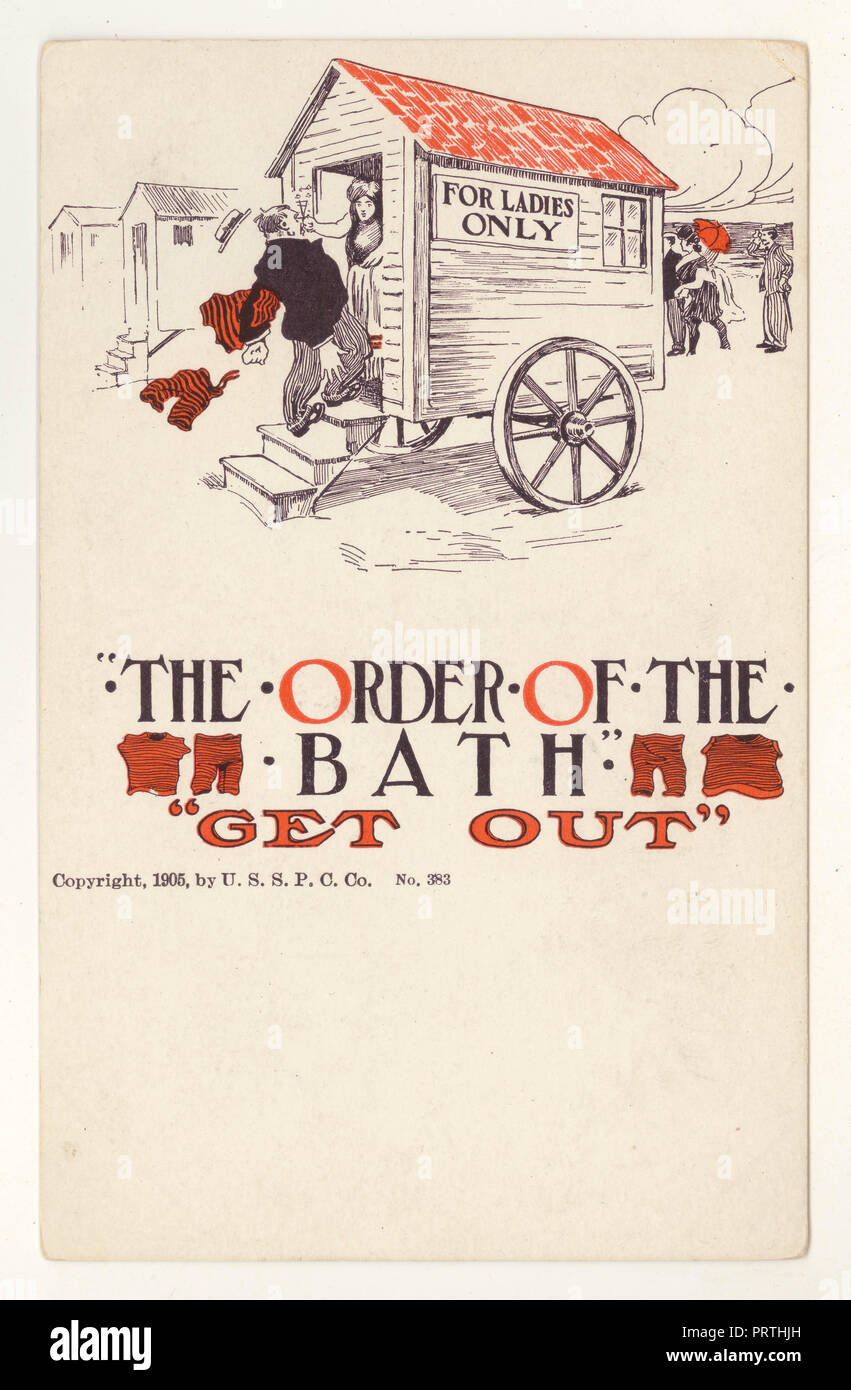 Illustrierte edwardianische Badehütte / Maschinenkarte - The Order of the Bath, Copyright datiert 1905 auf der Vorderseite, U.S.A.-Retro-Strandpostkarte. Stockfoto