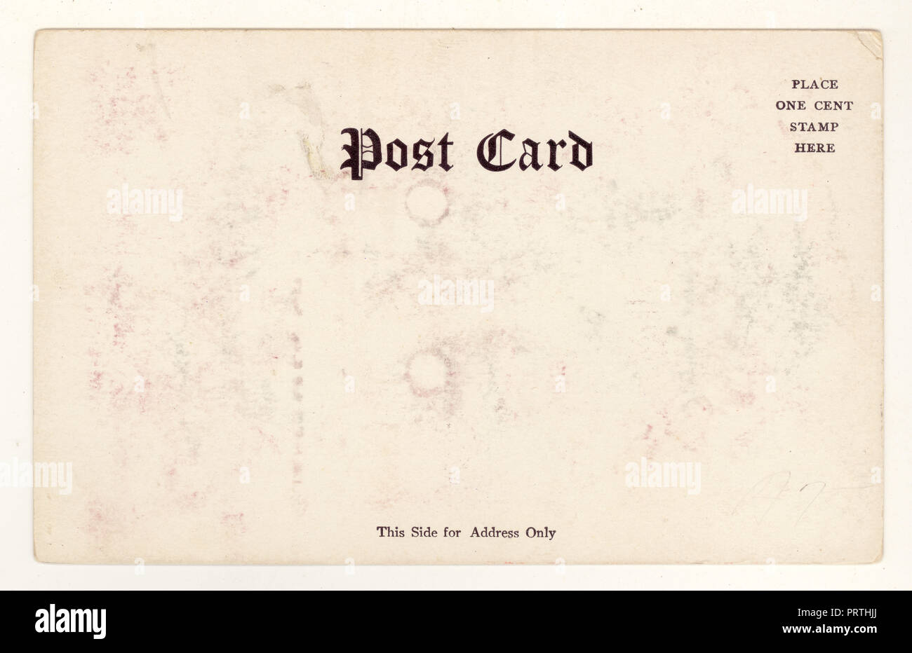 Rückseite der Edwardianischen Postkarte, datiert 1905, nicht postal benutzt, ein 1 Cent Briefkasten, USA Stockfoto