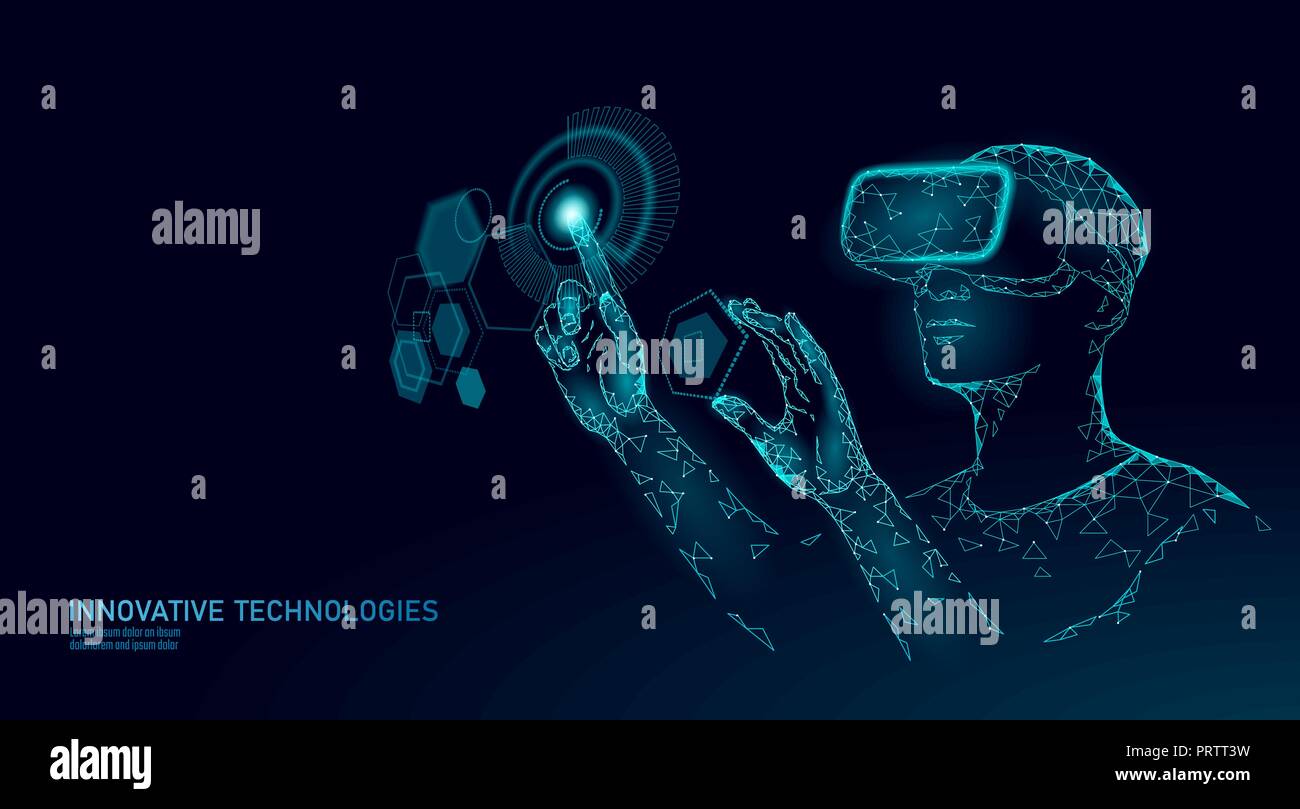 Virtual augmented reality Helm Low Poly. Innovation Media Entertainment polygonalen Konzept. HUD Display User digitale Steuerung der Wissenschaft. Mensch Arbeit Computer Daten analyse Vector Illustration Stock Vektor