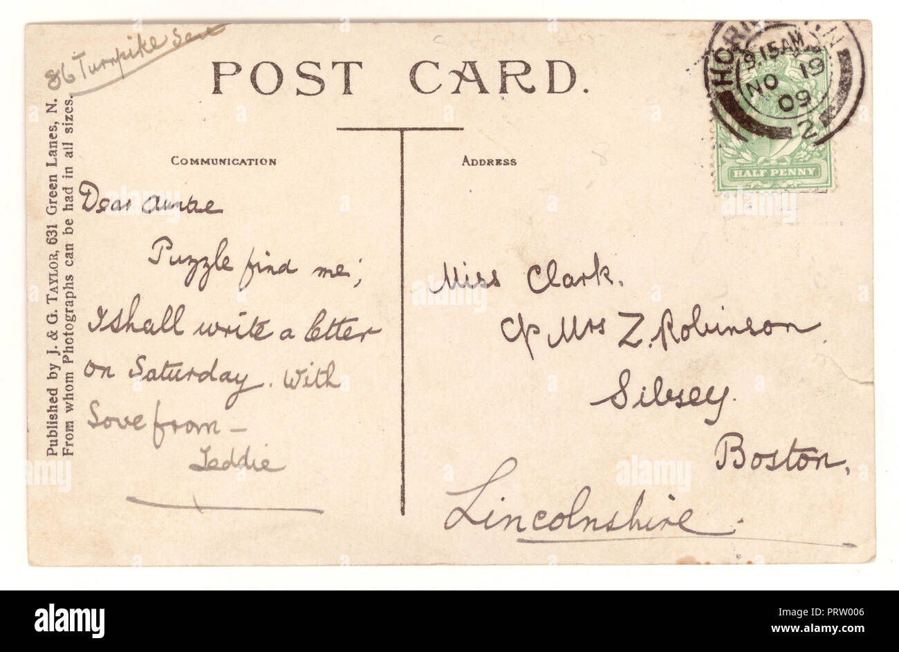 Umkehren des Edwardianischen Postkarte Posted 19 07.11.1909, N. London, Großbritannien Stockfoto