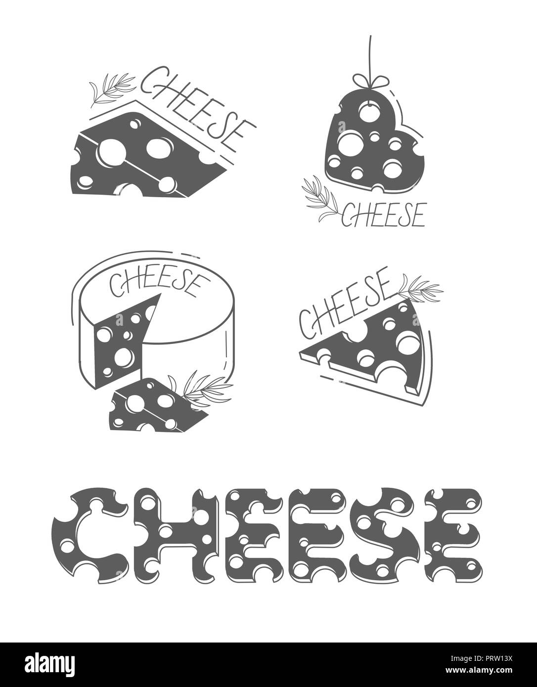 Scheiben Käse und die Inschrift von Käse in einer flachen Stil. Satz von Käse Icons, Silhouette. schwarz-weiß illustration Stock Vektor