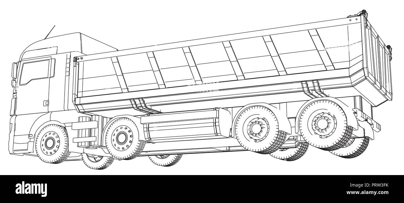 Muldenkipper entleert. Wire-frame Stil. Die Schichten des sichtbaren und unsichtbaren Linien getrennt sind. Vector Illustration. Tracing Abbildung der 3d. EPS 10 Vektor Format Stock Vektor